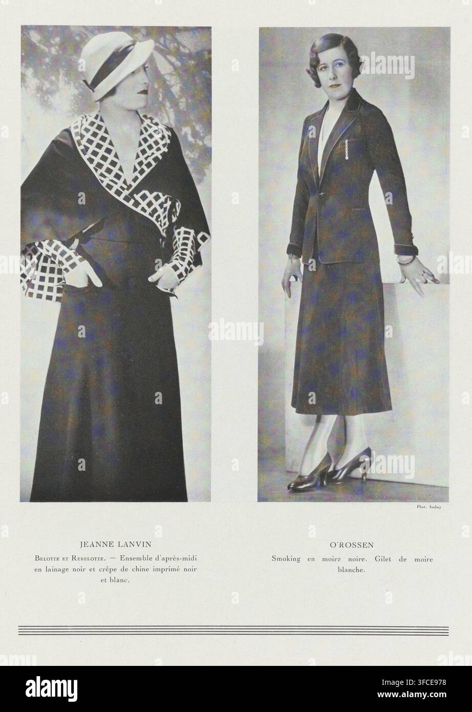Art - Goût - Beauté, Feuillets de l' élégance féminine, juin 1932, n° 142, 12e année, p. 25, impression de mode, magazine, Ensembles par Jeanne Lanvin et O'Rossen. À gauche : ensemble d'après-midi en laine noire et crêpe de Chine imprimé en noir et blanc. À droite : « smoking » en « moiré » noir et un gilet en « moiré » blanc. Page du magazine de mode Art-Goût-Beauté (1920-1933)., photographe : Isabey, créatrice de mode : Jeanne Lanvin, créateur de mode : O'Rossen, éditeur : Henri Rouit, 1932, Isabey, Jeanne Lanvin, O'Rossen, Henri Rouit, éditeur, papier, technique photographique, impression photomécanique Banque D'Images