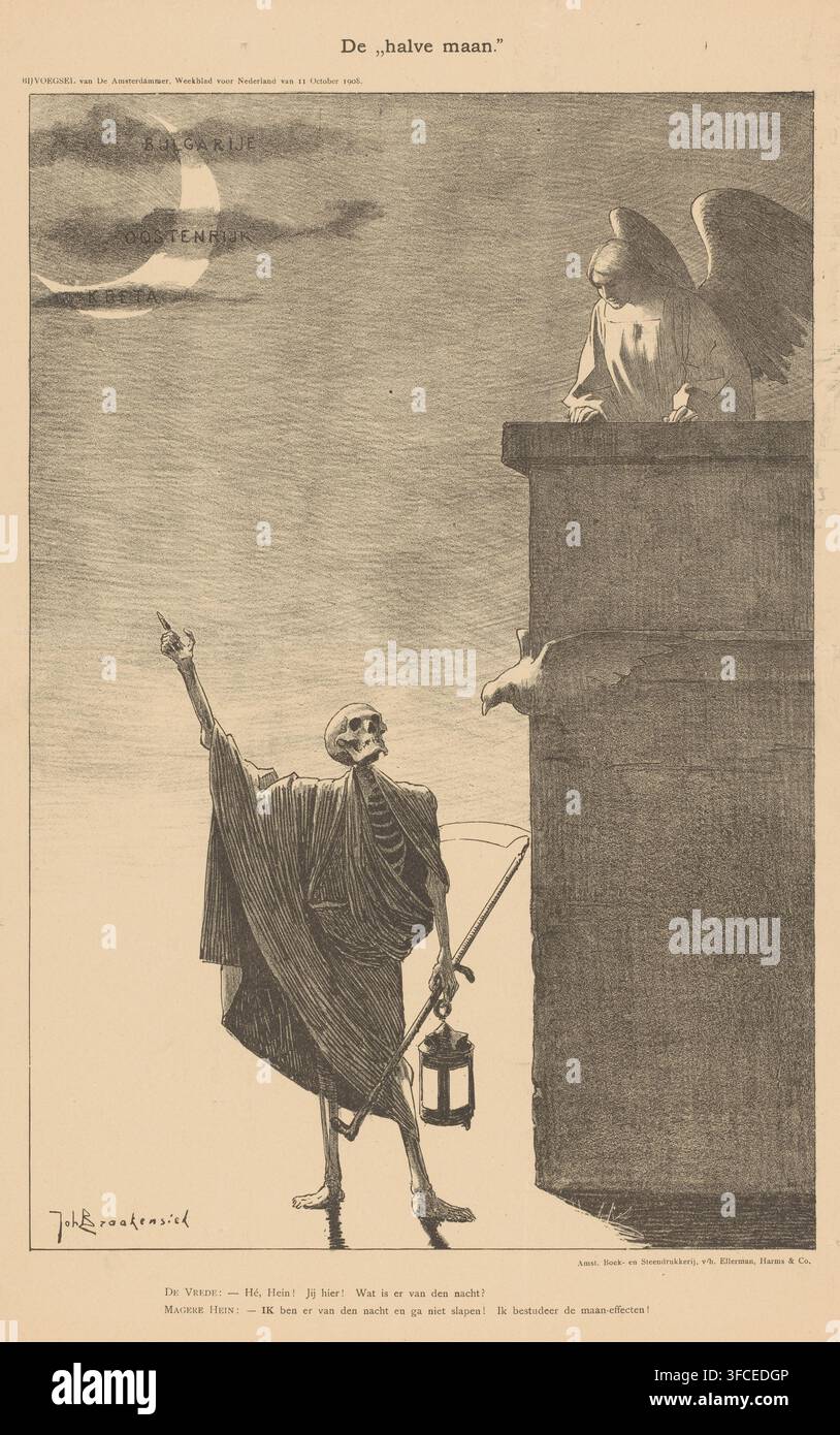 La 'demie-lune', caricature, graveur : Johan Braakensiek, imprimeur (personne) : Ellerman, Harms & Co., Amsterdam, 1908-10-11, imprimeur (personne), papier, lithographie, lithografie, hauteur 461 mm x largeur 307 mm., Une grande silhouette squelettique drapée dans une longue cape sombre se tient au sol tenant une lanterne et une longue perche, un bras levé vers le haut et son crâne penché en arrière ; une grande corniche de pierre s'élève à côté et une figure angélique ailée se penche par-dessus la corniche en regardant vers le squelette ; un oiseau se perche sur le bord de la corniche près de l'ange ; une forme de croissant apparaît dans le ciel avec un ombrageage semblable à des nuages autour Banque D'Images