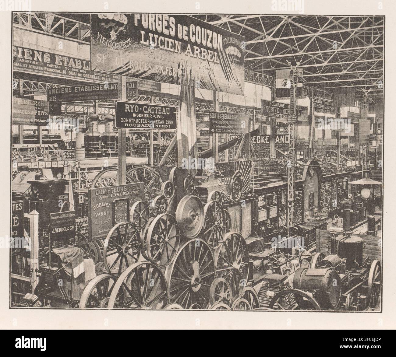 Vue de la galerie avec des machines et la section française de l'Exposition universelle de 1885 à Anvers, Vue générale de la Section française de la Galerie des Machines, page, impression photomécanique, Anvers, clichémaker : Meisenbach's Autotype Company, c. 1880 - avant ou en 1885, Meisenbach's Autotype Company, photographe, papier, autotypie, hauteur 220 mm x largeur 276 mm, exposition universelle, exposition mondiale, Wereldtentoonstelling 1885 (Anvers), Période, 1885-05-02 - 1885-11-02., Une scène d'exposition industrielle intérieure avec un plafond à charpente élevée et un agencement dense d'équipements mécaniques et de grandes roues Banque D'Images