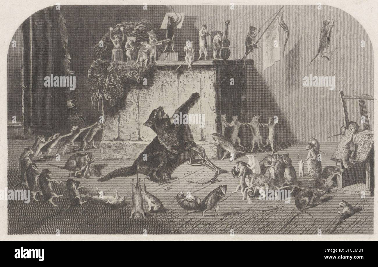 Fête des souris, impression, illustration de livre, Un chat est pris au piège. Tout autour, les souris célèbrent : elles dansent, jouent de la musique et agitent un drapeau., graveur : Dirk Jurriaan Sluyter, Amsterdam, d'après un dessin de Bernard te Gempt, en ou avant 1861, papier, gravure à l'eau-forte, hauteur 120 mm x largeur 189 mm, 'mundus inversus', le monde inversé, le monde à l'envers, 'le monde bestourné', chat et souris., Une scène monochrome détaillée montre une pièce avec une cheminée et une tablette encombrée de nombreux petits rongeurs et un chat central ; le chat est assis par terre près d'un piège cassé avec une patte levée et la gueule ouverte, entouré Banque D'Images