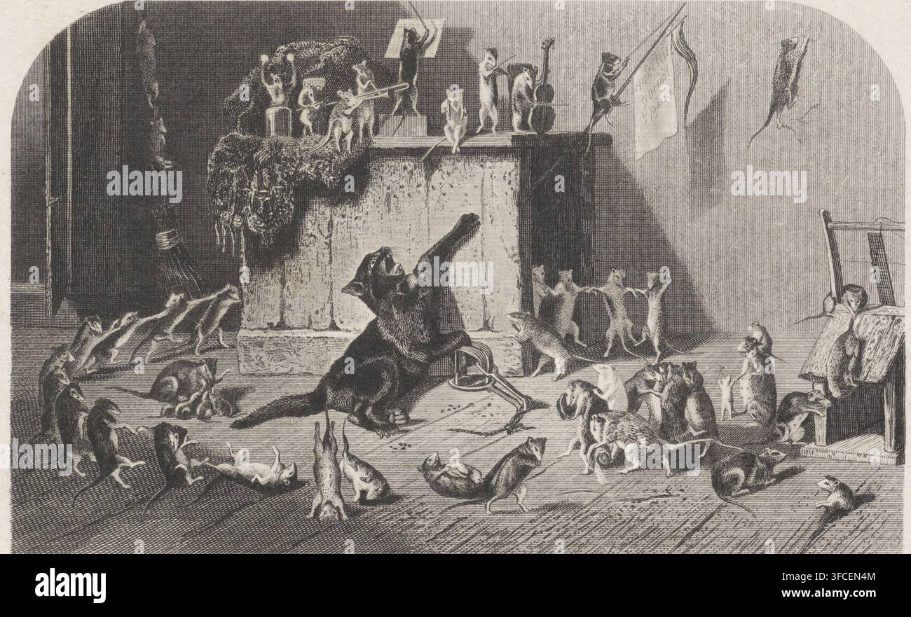 Fête des souris, impression, illustration de livre, Un chat est pris au piège. Tout autour, les souris célèbrent : elles dansent, jouent de la musique et agitent un drapeau., graveur : Dirk Jurriaan Sluyter, Amsterdam, d'après un dessin de Bernard te Gempt, éditeur : Arie Cornelis Kruseman, Haarlem, 1861, papier, gravure à l'eau-forte, hauteur 120 mm x largeur 190 mm, chat et souris., Une scène monochrome détaillée montre un grand groupe de petits rongeurs disposés sur un plancher en bois autour d'un animal plus grand central qui semble être un chat assis sur ses hanches avec une patte levée et la gueule ouverte. Plusieurs rongeurs se tiennent sur leurs pattes arrière en Banque D'Images