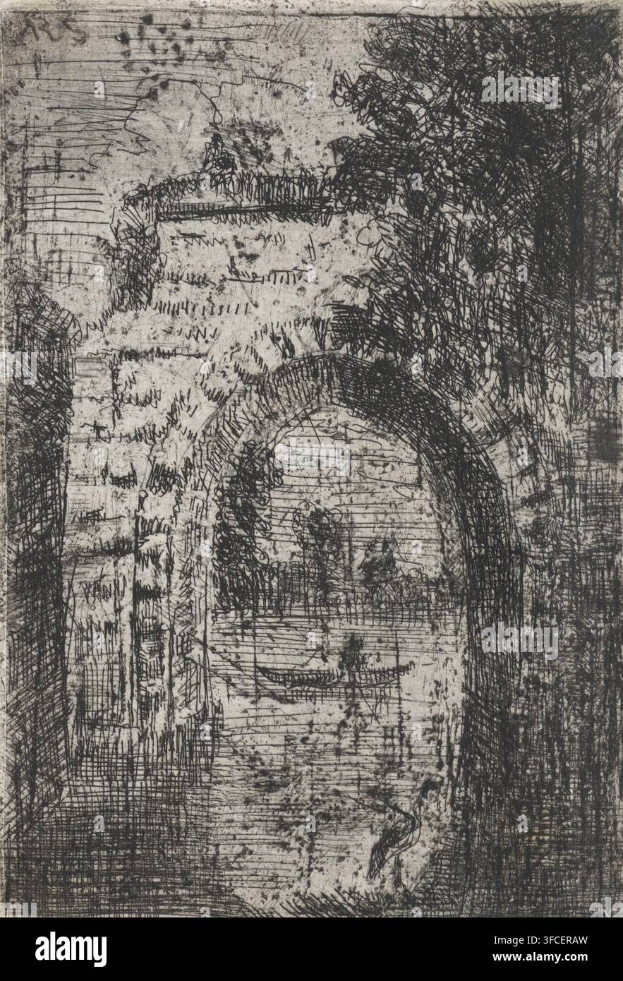 Vue sous un pont avec une barque et un héron, imprimé, graveur : Arnoud Schaepkens, 1831 - 1904, papier, chine collé, eau-forte, pointe-sèche, eau-forte et pointe-sèche, hauteur 123 mm x largeur 83 mm, barque, canoë, pont, oiseaux riviers et limicoles : héron. Une gravure monochrome texturée montrant une scène architecturale avec une porte ou un passage voûté encadré par une maçonnerie rugueuse, un ombrage croisé intense et des marques stratifiées semblables à des rayures. Le côté gauche présente des blocs de pierre verticaux et des bords sculptés, tandis que le côté droit est plus sombre avec une végétation dense et griffonnée ou une végétation envahissante. À l'intérieur de l'arc une Banque D'Images