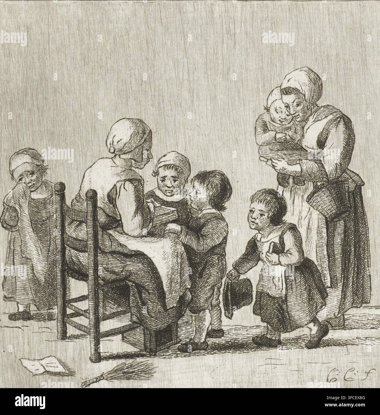 Classe scolaire, estampe, Une école pour enfants. Une enseignante est assise sur une chaise et lit une leçon aux enfants à partir d'un livre. À droite, une mère amène sa fille. À gauche, une fillette est debout et pleure. Une canne gît sous la chaise de l'enseignante., graveur : Pieter de Mare, Leiden, d'après un dessin de Christina Chalon, 1779, papier, eau-forte, épreuve d'impression, largeur 109 mm x hauteur 113 mm., Une eau-forte monochrome représente un groupe d'enfants et une femme adulte rassemblés de près, tous vêtus de simples vêtements et bonnets d'époque ; une femme est assise sur une chaise en bois avec un enfant debout devant elle tandis que d'autres Banque D'Images