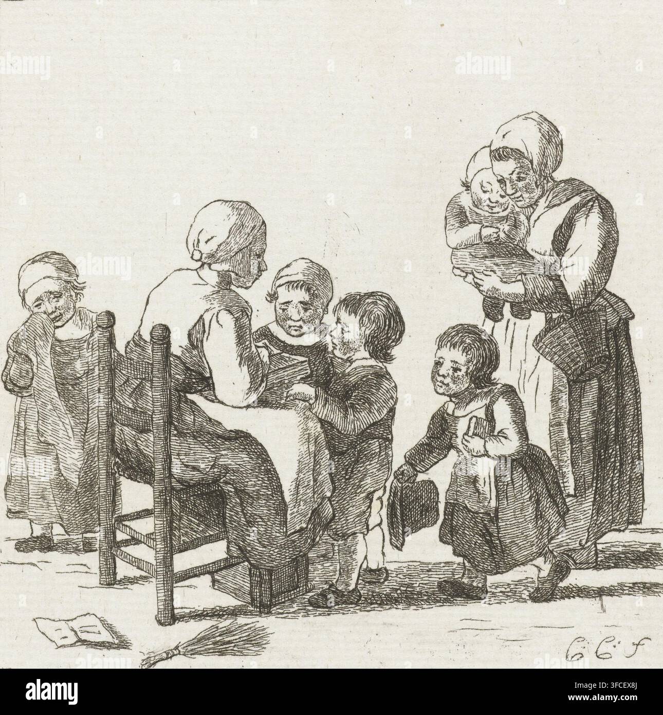 Classe scolaire, impression, Une école pour enfants. Un enseignant est assis sur une chaise et lit une leçon aux enfants à partir d'un livre. À droite, une mère amène sa fille. À gauche, une fille est debout et pleure. Une canne gît sous la chaise de l'enseignant., graveur : Pieter de Mare, Leiden, d'après un dessin de Christina Chalon, 1779, papier, eau-forte, épreuve d'impression, largeur 109 mm x hauteur 114 mm., Un groupe de personnes dessinées avec des traits fins occupe la partie inférieure de l'image, y compris une femme assise sur une chaise en bois vue de dos, une femme debout tenant un petit enfant près de sa poitrine, et plusieurs Banque D'Images