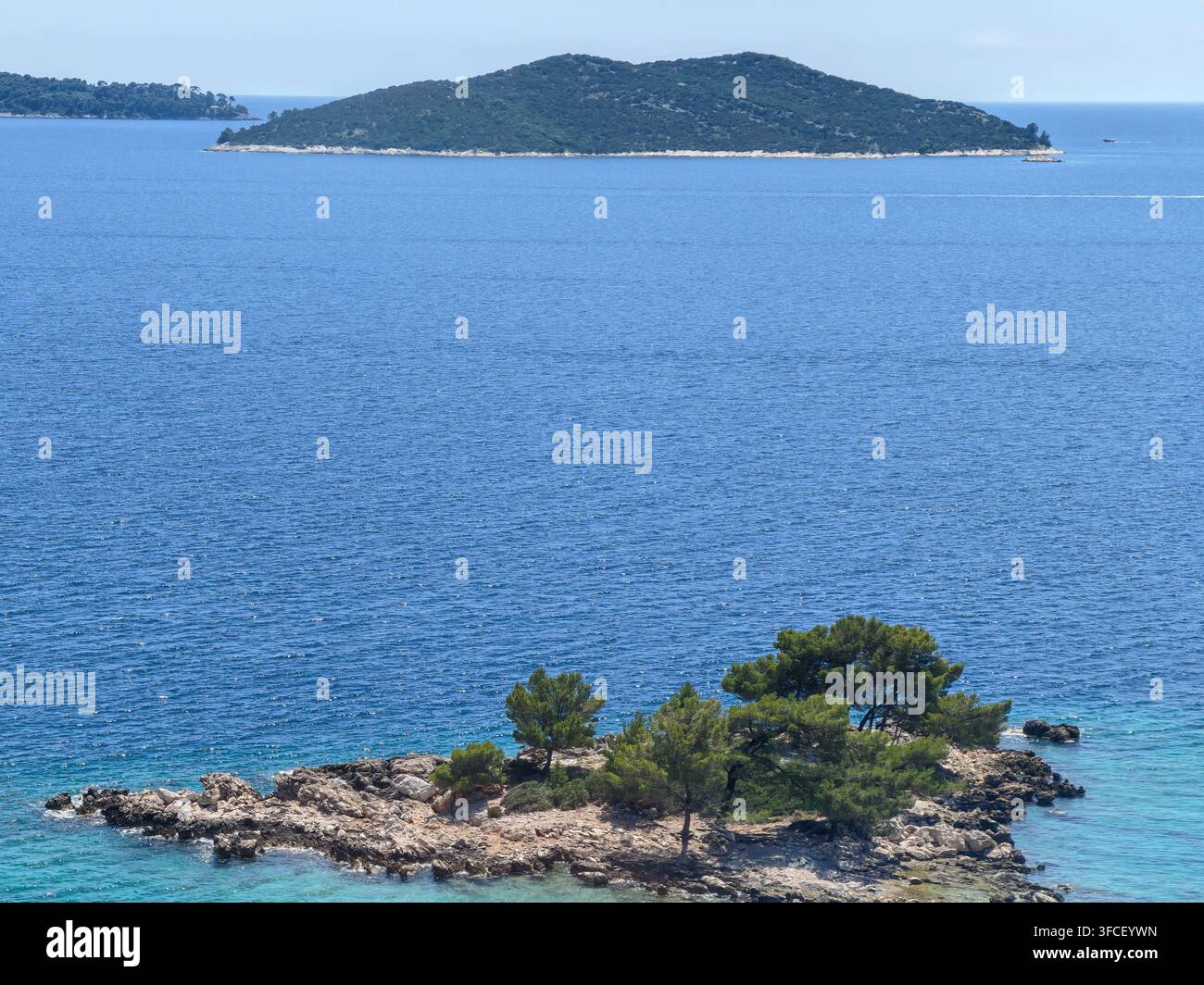 Une petite île rocheuse avec des pins se trouve dans des eaux cristallines bleues, évoquant la paix, les voyages d'été et la beauté naturelle du littoral. - Image de stock capturée avec un smartphone