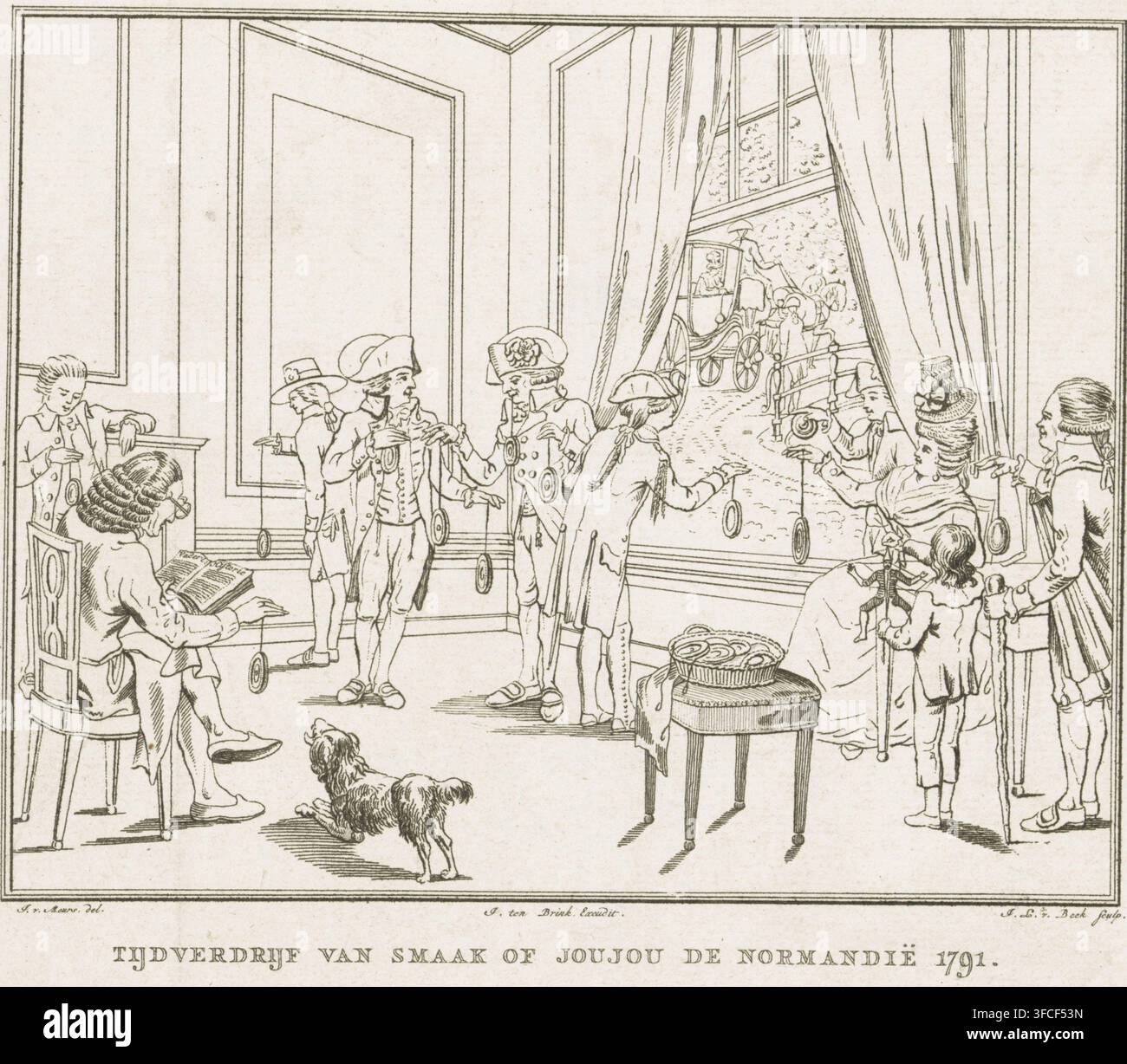 Intérieur avec des hommes et des femmes passant le temps avec des yo-yos, 1791, Passe-temps du goût ou yo-yo de Normandie 1791, estampe, Intérieur avec des hommes et des femmes de la noblesse passant le temps avec des yo-yos, 1791. Un enfant joue avec une marionnette à ficelle., graveur : Jan Lucas van der Beek, Pays-Bas du Nord, d'après un dessin de Jacobus van Meurs, éditeur : J. ten Brink, Amsterdam, papier, eau-forte, hauteur 204 mm x largeur 239 mm, yo-yo, (jouer avec) jouets mobiles, Période., Une pièce aux murs hauts et aux grandes fenêtres encadrées par de lourds rideaux partiellement ouverts pour révéler une calèche et des chevaux à l'extérieur, plusieurs adultes en période Banque D'Images