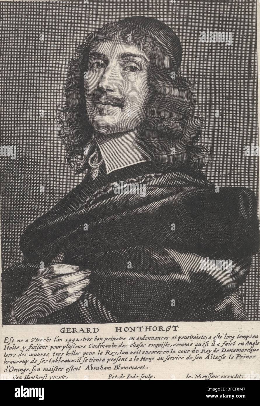 Portrait de Gerard Honthorst, gravure, Portrait en buste de l'artiste Gerard Honthorst, avec calotte. Dans la marge, le nom du modèle et une légende de cinq lignes en français., inscription : '280', inscription : '816', graveur : Pieter de Jode (II), Anvers, d'après une peinture de Gerard van Honthorst, éditeur : Joannes Meyssens, 1628 - 1670, papier, gravure, eau-forte, gravure et eau-forte, hauteur 166 mm x largeur 114 mm, Person., Un portrait gravé en noir et blanc d'un homme montré de la poitrine vers le haut, légèrement tourné vers la gauche, avec des cheveux ondulés jusqu'aux épaules et une petite moustache et une barbichette ; il porte un Banque D'Images