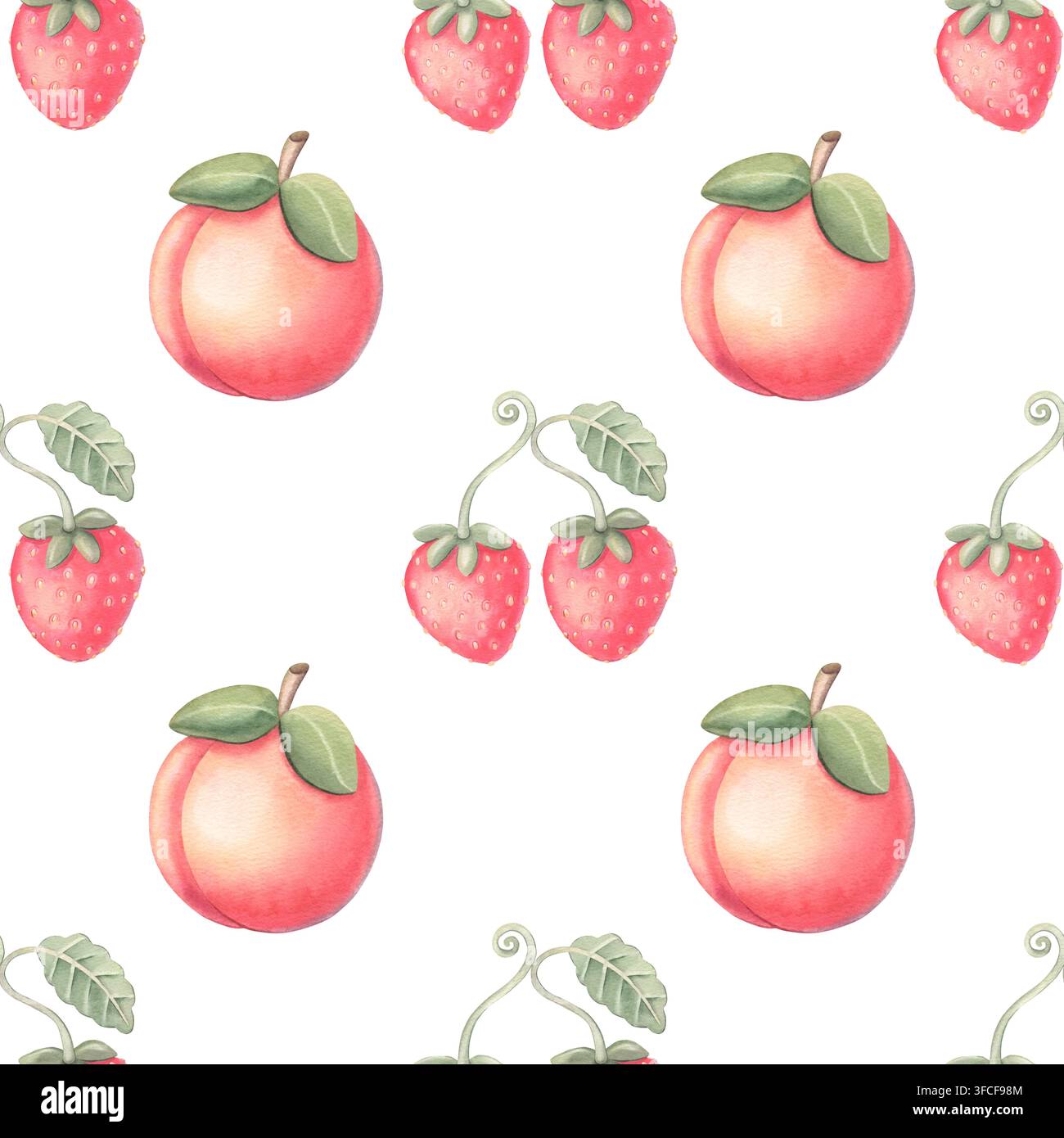 Motif sans couture avec pêches, fraises. Illustration aquarellée peinte à la main isolée sur blanc pour textile, tissu, emballage, papeterie, fond mural Banque D'Images