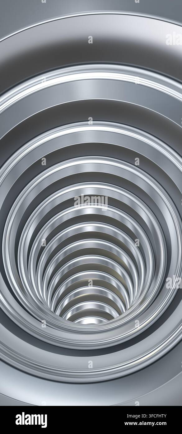 Anneaux argentés réfléchissants formant un vortex futuriste 3D Banque D'Images