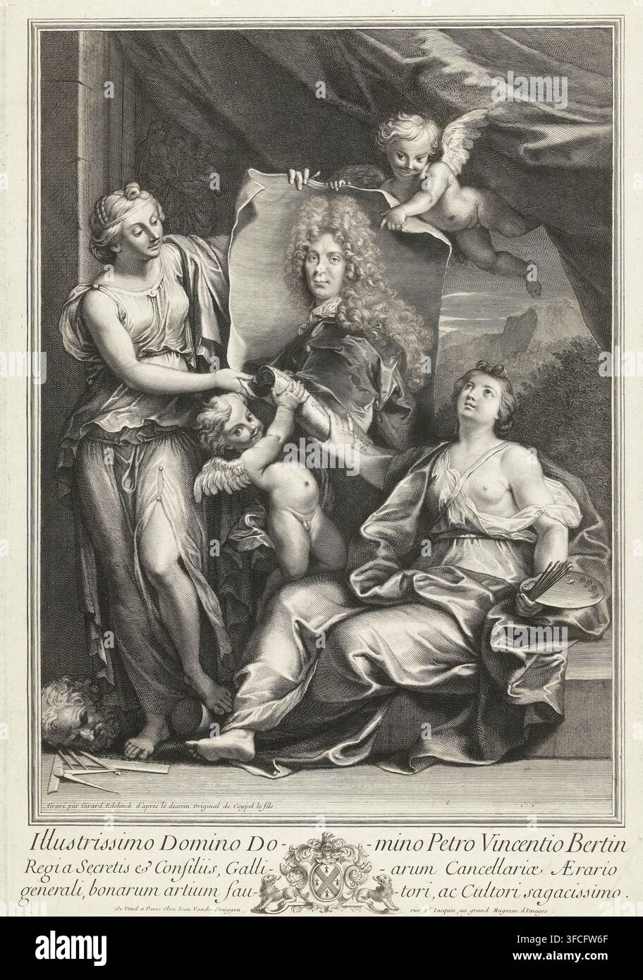 Portrait de Pierre Vincent Bertin, estampe, Deux femmes en tant que personnifications de la peinture et de la sculpture, accompagnées de deux putti, déroulent un portrait de Pierre Vincent Bertin (1653-1711). En marge, trois lignes en latin, entre lesquelles se trouve un blason avec deux lions., graveur : Gerard Edelinck, Paris, d'après un dessin de Noël-Nicolas Coypel, France, d'après une peinture de Nicolas de Largillière, éditeur : Jan van der Bruggen, concédant du privilège : Louis XIV (roi de France), 1700 - 1707, papier, gravure, hauteur 555 mm x largeur 350 mm, Personnage, Pierre Vincent Bertin, 'Pictura', symbolique Banque D'Images