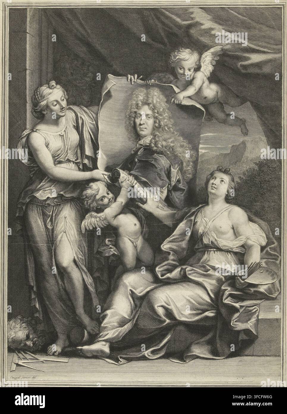 Portrait de Pierre Vincent Bertin, gravure, Deux femmes comme personnifications de la peinture et de la sculpture, accompagnées de deux putti, déroulent un portrait de Pierre Vincent Bertin (1653-1711)., graveur : Gerard Edelinck, Paris, d'après un dessin de Noël-Nicolas Coypel, France, d'après une peinture de Nicolas de Largillière, concessionnaire du privilège : Louis XIV (roi de France), 1700 - 1707, papier, gravure, hauteur 555 mm x largeur 350 mm, Personnage, Pierre Vincent Bertin, 'Pictura', représentations symboliques, allégories et emblèmes, peinture, 'Pittura' (Ripa), 'Sculptura', sculpture, 'Scoltura' (Ripa)., Un détaillé Banque D'Images
