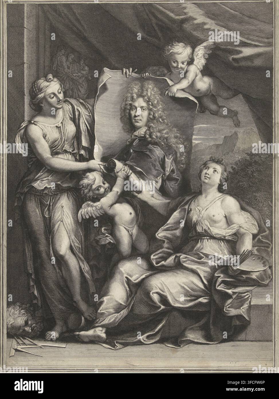 Portrait de Pierre Vincent Bertin, estampe, Deux femmes en tant que personnifications de la peinture et de la sculpture, accompagnées de deux putti, déroulent un portrait de Pierre Vincent Bertin (1653-1711), graveur : Gerard Edelinck, France, d'après un dessin de Noël-Nicolas Coypel, 1700 - 1707, papier, gravure, hauteur 444 mm x largeur 329 mm, Personne, Pierre Vincent Bertin, 'Pictura', représentations symboliques, allégories et emblèmes, peinture, 'Pittura' (Ripa), 'Sculptura', allégories et emblèmes emblèmes, sculpture, 'Scoltura' (Ripa)., Une gravure détaillée en noir et blanc montre une figure masculine centrale avec une longue Banque D'Images