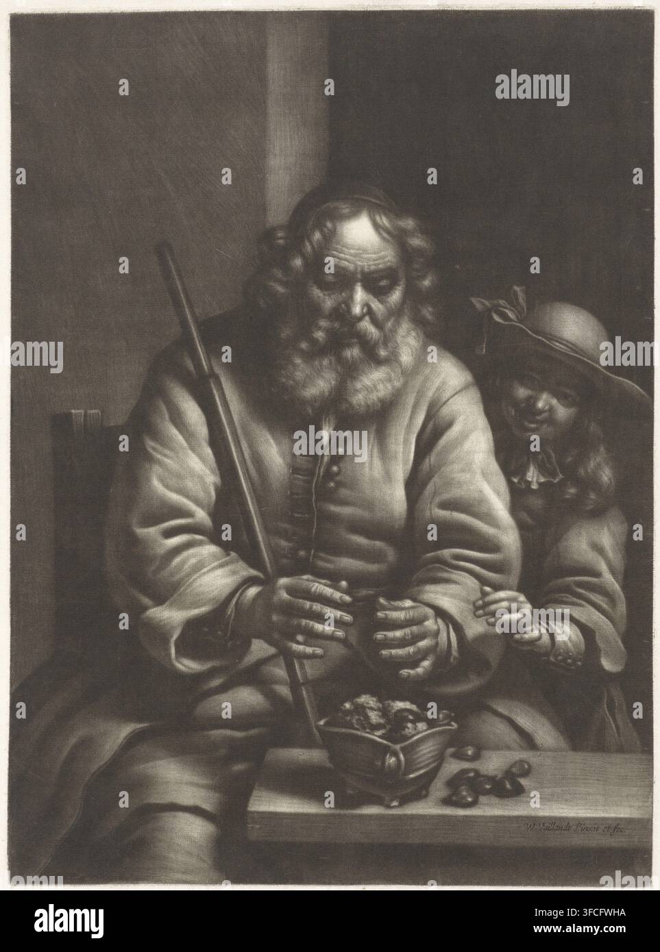 Un homme âgé à la longue barbe et aux cheveux bouclés est assis, tenant un long bâton et un objet rond dans ses mains, vêtu d'une ample pièce boutonnée avec des plis et des manches visibles, tandis qu'un enfant souriant aux cheveux longs et au large chapeau se penche près de lui, une main reposant près du bras de l'homme ; un petit récipient ouvert contenant une matière texturée et quelques objets arrondis est posé sur un banc devant eux, et la scène est rendue dans un style monochrome à contraste élevé avec un ombrage doux et un fond sombre. Banque D'Images