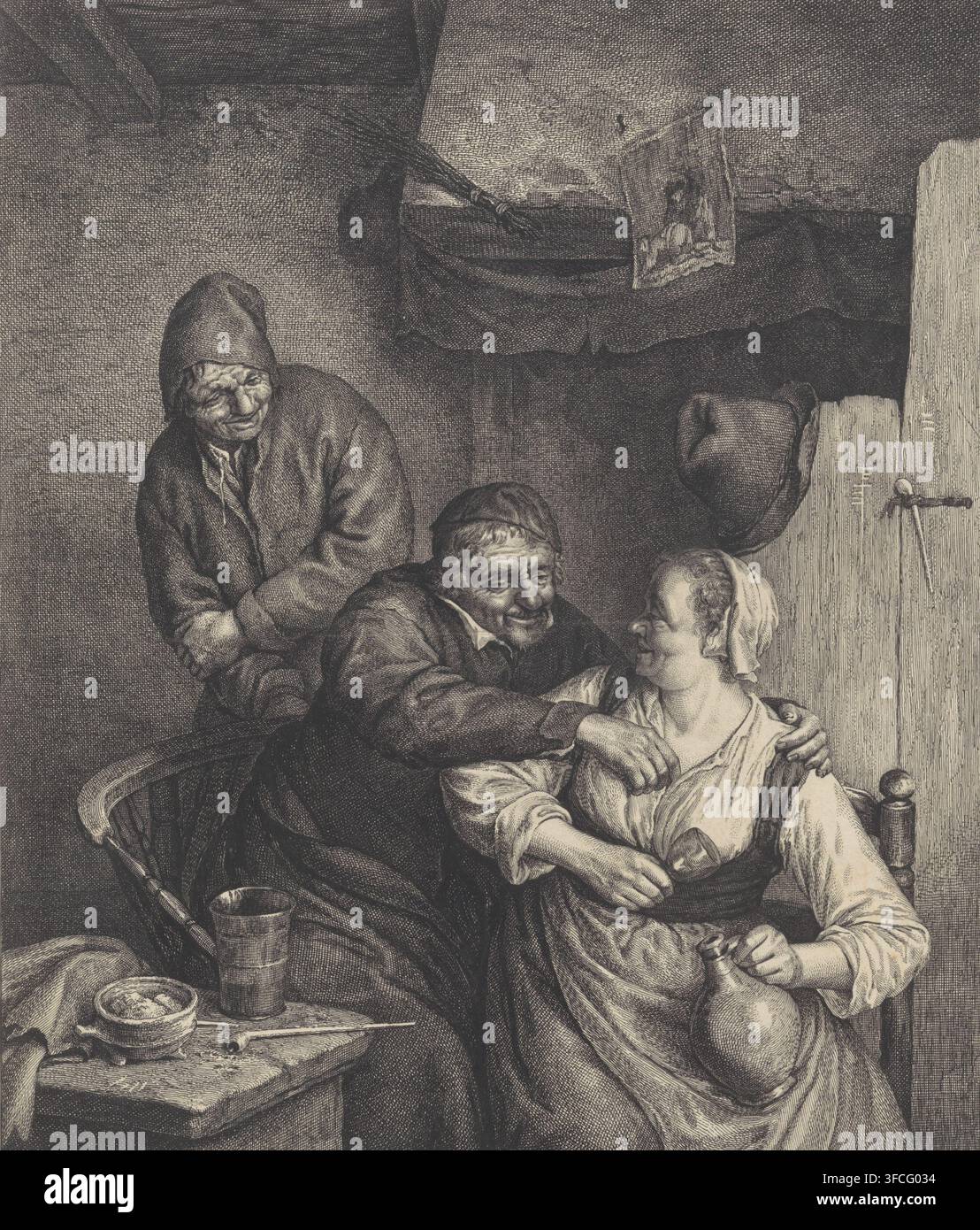 Une scène gravée en noir et blanc détaillée montrant un groupe de personnes dans un intérieur rustique. Une personne âgée portant un vêtement à capuche se tient derrière, penchée en avant les mains jointes. Une personne d'âge moyen avec une casquette se penche vers une femme assise, souriant et posant un bras autour de ses épaules. La femme assise porte un foulard et un tablier, tient une cruche d'une main et pose l'autre sur ses genoux, regardant vers l'homme. Une porte en bois est visible à droite avec un chapeau accroché à un portemanteau. Une table en bois au premier plan supporte une tasse, un bol, une cuillère et un récipient à boire. Au-dessus du groupe, un sombre Banque D'Images