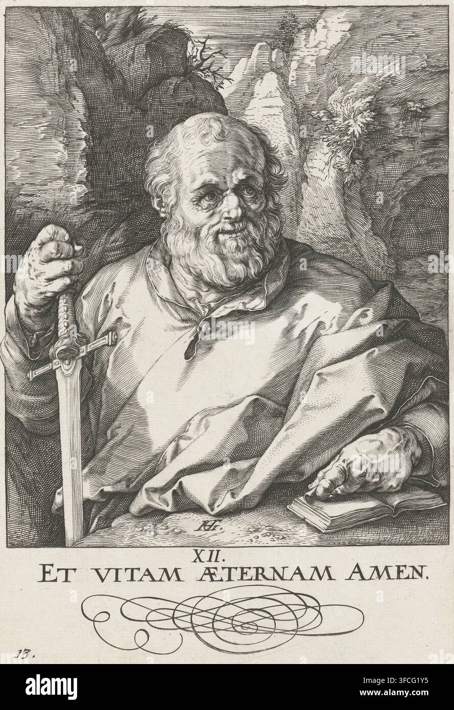 Apôtre Matthias, Christ, les douze apôtres et saint Paul, estampe, numéro de série, 13, 14, saint Matthias à moitié, une épée dans la main droite. Une ligne de latin dans la marge en dessous de l'estampe. Estampe d'une série de quatorze., monogramme : 'HG.', graveur : Hendrick Goltzius, Haarlem, 1589, papier, gravure, hauteur 151 mm x largeur 104 mm, l'apôtre et martyr Matthias, attributs possibles : hache, livre, croix, hallebarde, rouleau, épée., Un homme âgé barbu au visage ridé et aux cheveux bouclés est assis contre un fond rocheux, vêtu de vêtements drapés superposés et d'une cape ; il tient une épée debout avec Banque D'Images