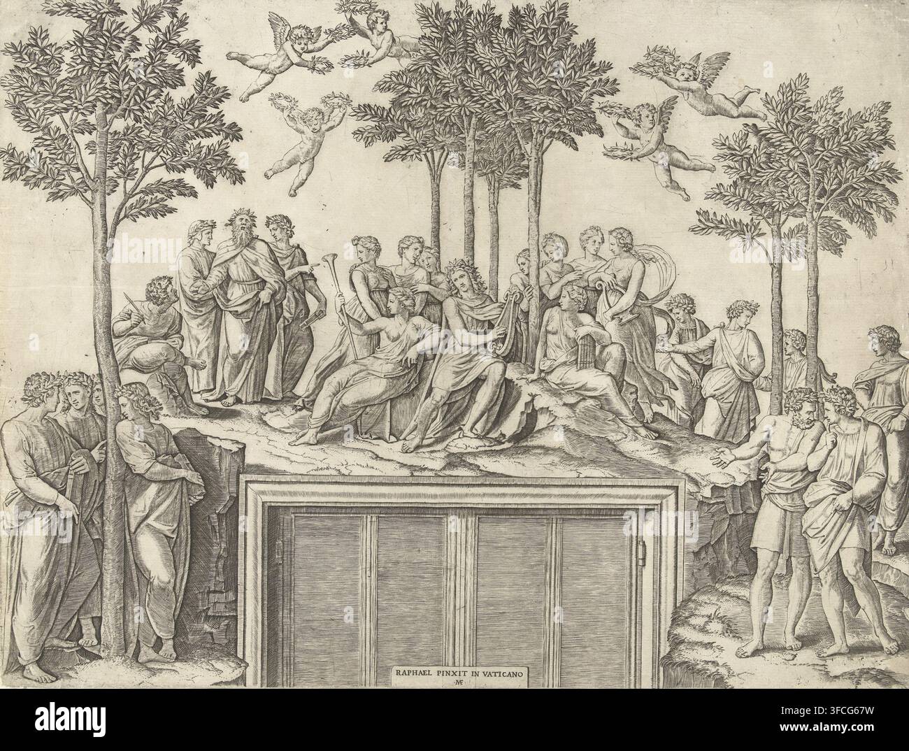 Apollon et les Muses sur le Mont Parnasse, estampe, Apollon joue de la lyre et est entouré de neuf Muses sur le Mont Parnasse. Les poètes discutent entre eux et des angelots distribuent des couronnes de laurier. Sous l'estampe se trouve une inscription se référant à la source d'inspiration de cette représentation., graveur, d'après une estampe de, d'après un dessin de, Raphaël, Marcantonio Raimondi, papier, gravure, hauteur 352 mm x largeur 465 mm, (histoire d') Apollon (Phébus), les grandes déesses du Ciel et leur suite., Une large estampe classique montre un groupe de personnages vêtus disposés sur un terrain rocheux sous un bosquet d'arbres hauts Banque D'Images