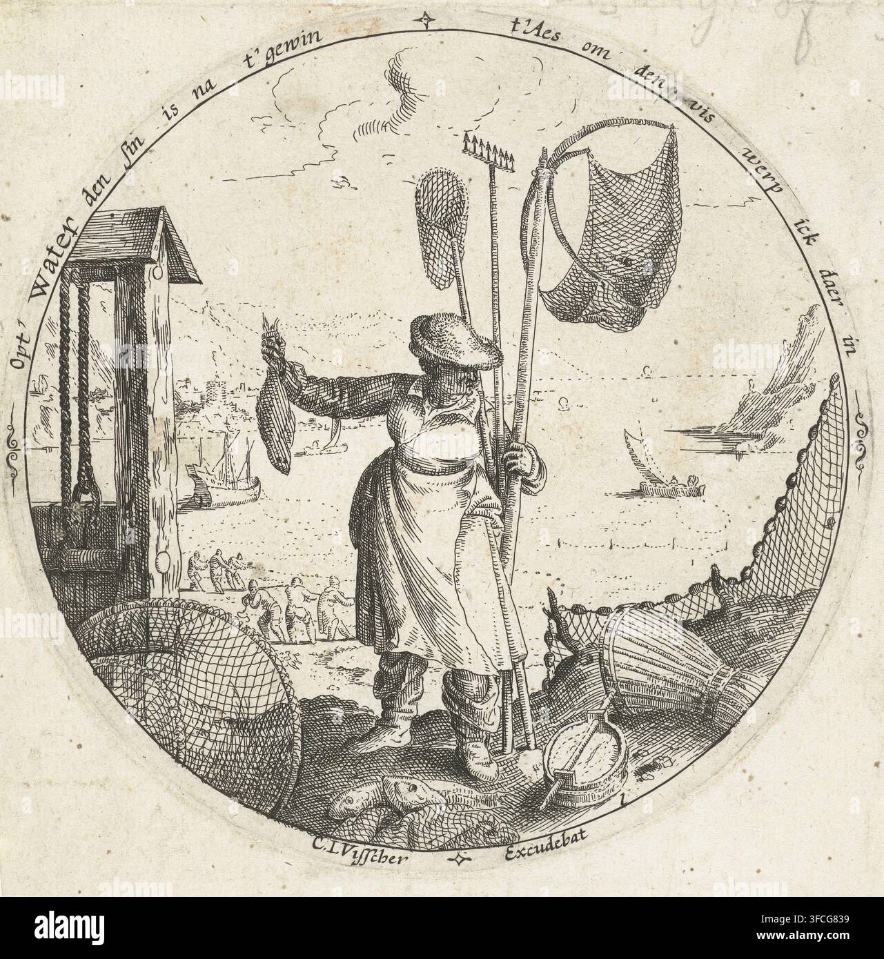 Eau, Les quatre éléments, gravure, numéro de série, 1, 4, Représentation ronde de l'élément eau : une pêcheuse, des filets dans une main, un poisson dans l'autre. En arrière-plan, des navires au large d'une côte. Entouré d'une inscription en néerlandais. Cette gravure fait partie d'une série de quatre gravures des éléments., graveur : Jacob Savery (I), Pays-Bas, éditeur : Claes Jansz. Visscher (II), Amsterdam, 1584 - 1603, papier, eau-forte, diamètre 135 mm, sports, jeux, animaux (+ équipement de pêche), pêcheur montrant sa prise., Un dessin à l'encre dans un cadre circulaire représente une figure debout portant une casquette, un tablier et des couches Banque D'Images