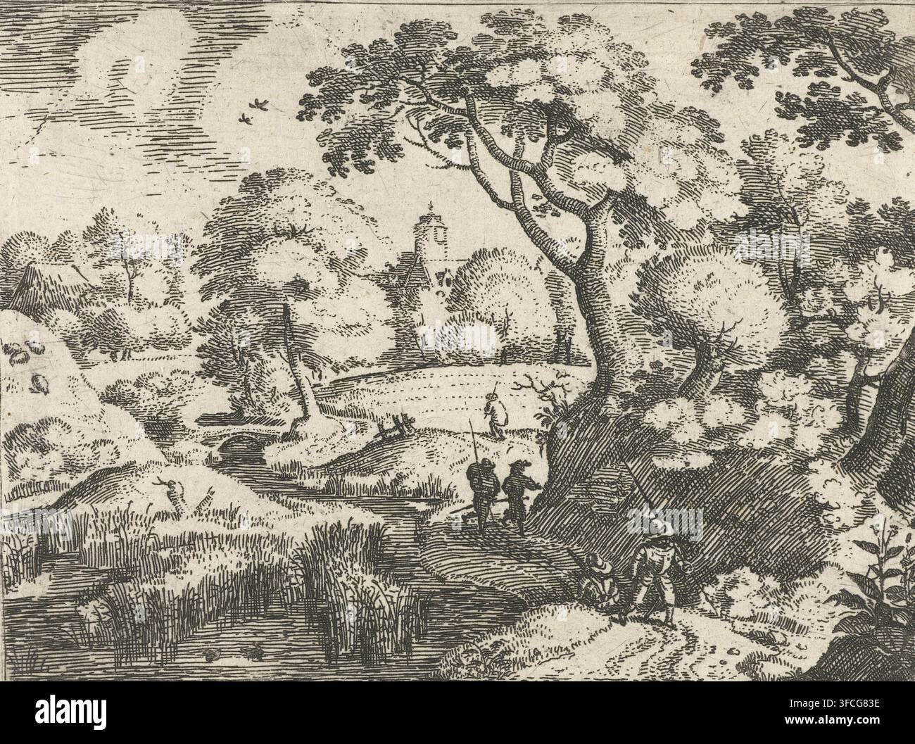 Paysage avec voyageur et soldats, Six paysages avec voyageurs, estampe, Numéro de série, 6, Dans un paysage vallonné, un voyageur traverse un champ le long d'une rivière. Au premier plan, plusieurs soldats. Cette estampe fait partie d'une série de six paysages avec voyageurs., graveur : Jacob Savery (I), Pays-Bas, éditeur : Nicolaes de Clerck (peut-être), Delft, 1584 - 1603, papier, gravure à l'eau-forte, hauteur 93 mm x largeur 122 mm, paysages dans la zone tempérée, 'en route', voyageur en chemin., Une gravure monochromatique complexe représentant un paysage vallonné avec un sentier sinueux et un ruisseau, Banque D'Images
