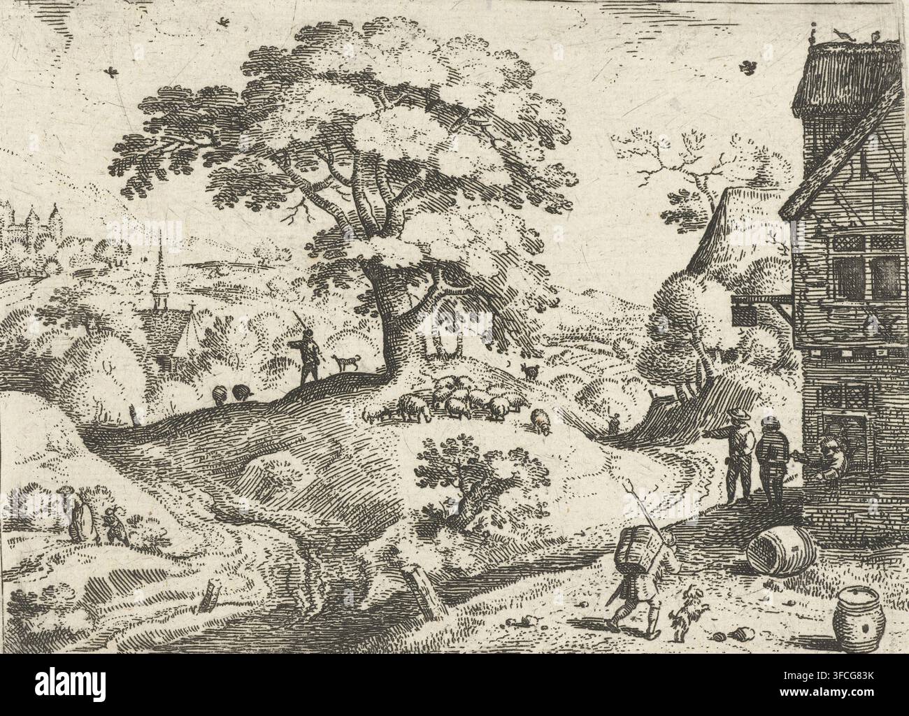 Paysage avec un voyageur à l'auberge, Six paysages avec des voyageurs, estampe, Numéro de série, 5, 6, Dans un paysage vallonné, un voyageur (un homme avec un panier sur le dos) marche avec un chien vers une auberge. Cette estampe fait partie d'une série de six paysages avec des voyageurs., graveur : Jacob Savery (I), Pays-Bas, éditeur : Nicolaes de Clerck (peut-être), Delft, 1584 - 1603, papier, eau-forte, hauteur 94 mm x largeur 121 mm, paysages dans la zone tempérée, hôtel, auberge, 'en route', voyageur en chemin., Une scène de campagne gravée montre un grand arbre avec des branches étalées sur une colline, un groupe de bétail en pâturage Banque D'Images