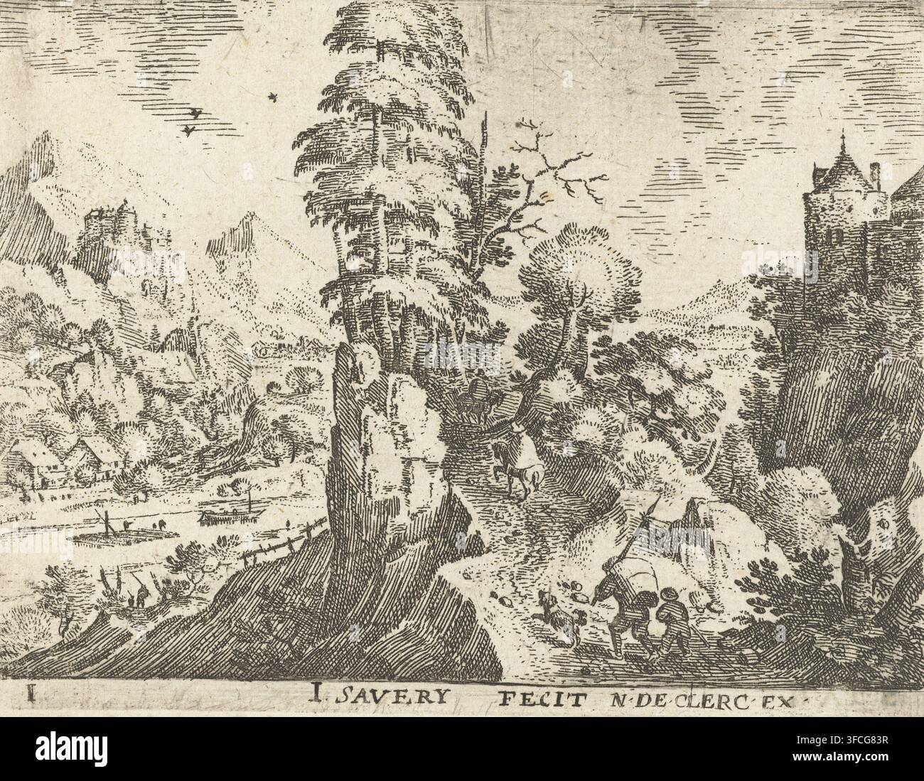 Paysage avec des voyageurs sur un rocher escarpé, Six paysages avec des voyageurs, impression, Numéro de série, 1, 6, Dans un paysage montagneux, deux voyageurs (un homme avec un panier sur le dos et un garçon) montent un sentier escarpé avec un chien, suivant deux cavaliers. À gauche une rivière, à droite la tour d'un château. Cette estampe fait partie d'une série de six paysages avec des voyageurs., graveur : Jacob Savery (I), Pays-Bas, éditeur : Nicolaes de Clerck, Delft, 1584 - 1603, papier, eau-forte, hauteur 93 mm x largeur 120 mm, paysages dans la zone tempérée, 'en route', voyageur en chemin., Une scène de paysage à l'encre Banque D'Images