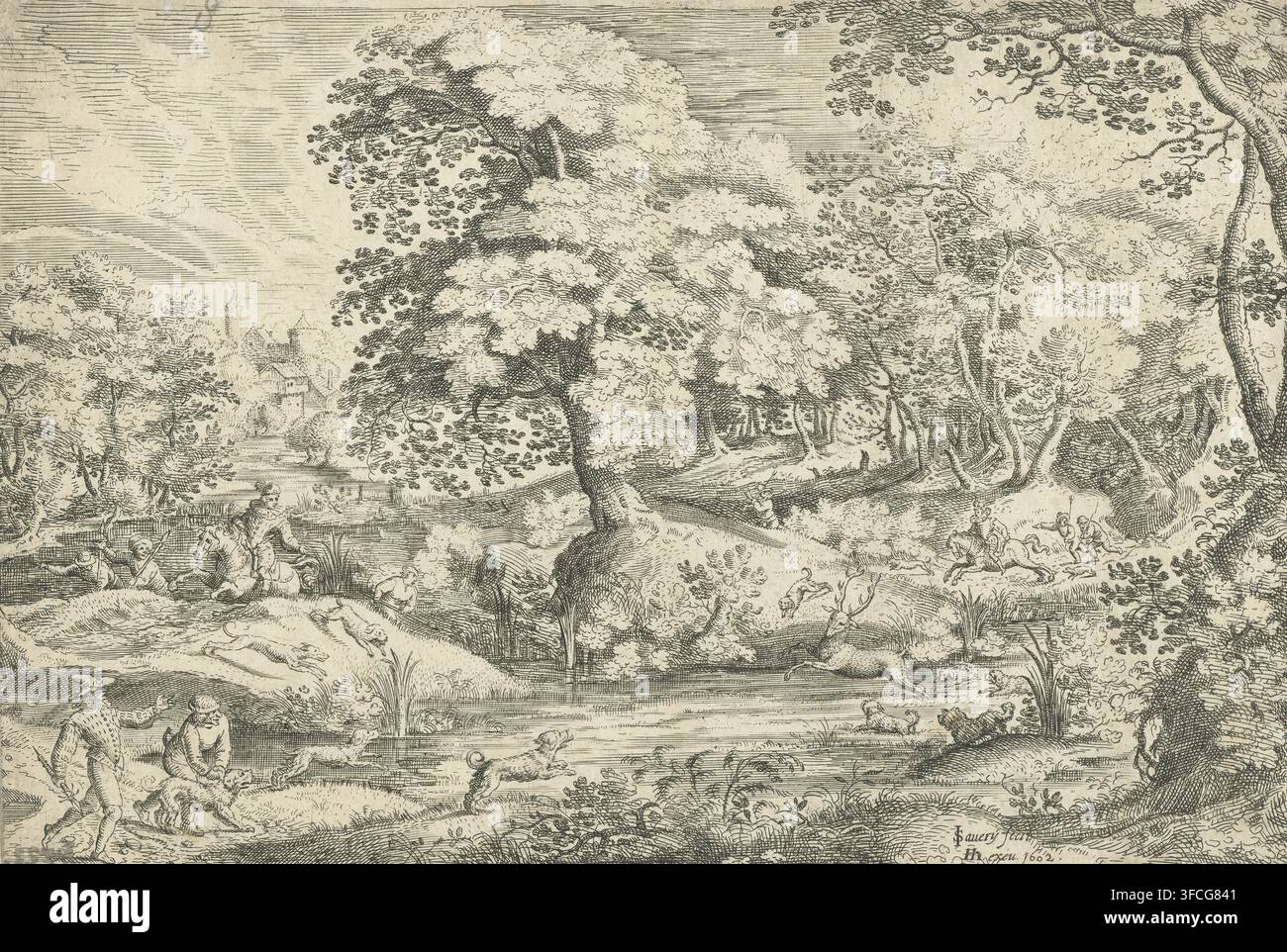 Chasse au cerf dans un marais, Deux scènes de chasse au cerf, gravure, Dans un marais boisé, plusieurs hommes chassent un cerf avec leurs chiens. Pendentif de 'Chasse au cerf près d'une chapelle'. Graveur : Jacob Savery (I), Pays-Bas, éditeur : Hendrick Hondius (I), La Haye, 1602, papier, eau-forte, gravure, eau-forte et gravure, hauteur 201 mm x largeur 296 mm, chasse au cerf, animaux à sabots : cerfs, sports, jeux, animaux (+ chasse avec chiens). Un paysage d'encre détaillé montrant une scène riveraine boisée avec un groupe de grands arbres feuillus dominant le centre et la droite, leurs branches et leur feuillage rendus par un travail de lignes denses Banque D'Images