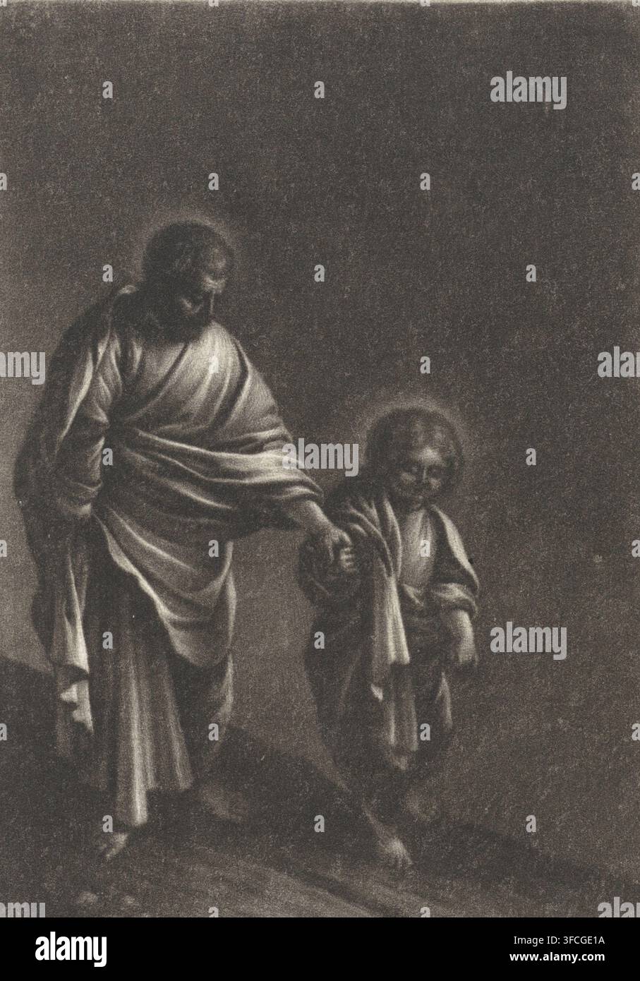 Saint Joseph avec l'Enfant Jésus, estampe, Joseph et l'Enfant Jésus marchant sur une route au clair de lune., graveur : Wallerant Vaillant, d'après une peinture d'Adam Elsheimer, 1658 - 1677, papier, mezzotinte, hauteur 135 mm x largeur 97 mm, clair de lune, Joseph et l'Enfant Jésus, vie quotidienne à Nazareth., Une image monochrome sombre montrant deux personnages vêtus de robes se tenant proches l'un de l'autre, une figure plus grande avec une barbe et des draperies fluides descendant jusqu'au sol et tendant un bras vers une figure plus petite à côté d'eux, les deux personnages ayant des auréoles faibles autour de leurs têtes et des vêtements texturés et ombragés qui Banque D'Images