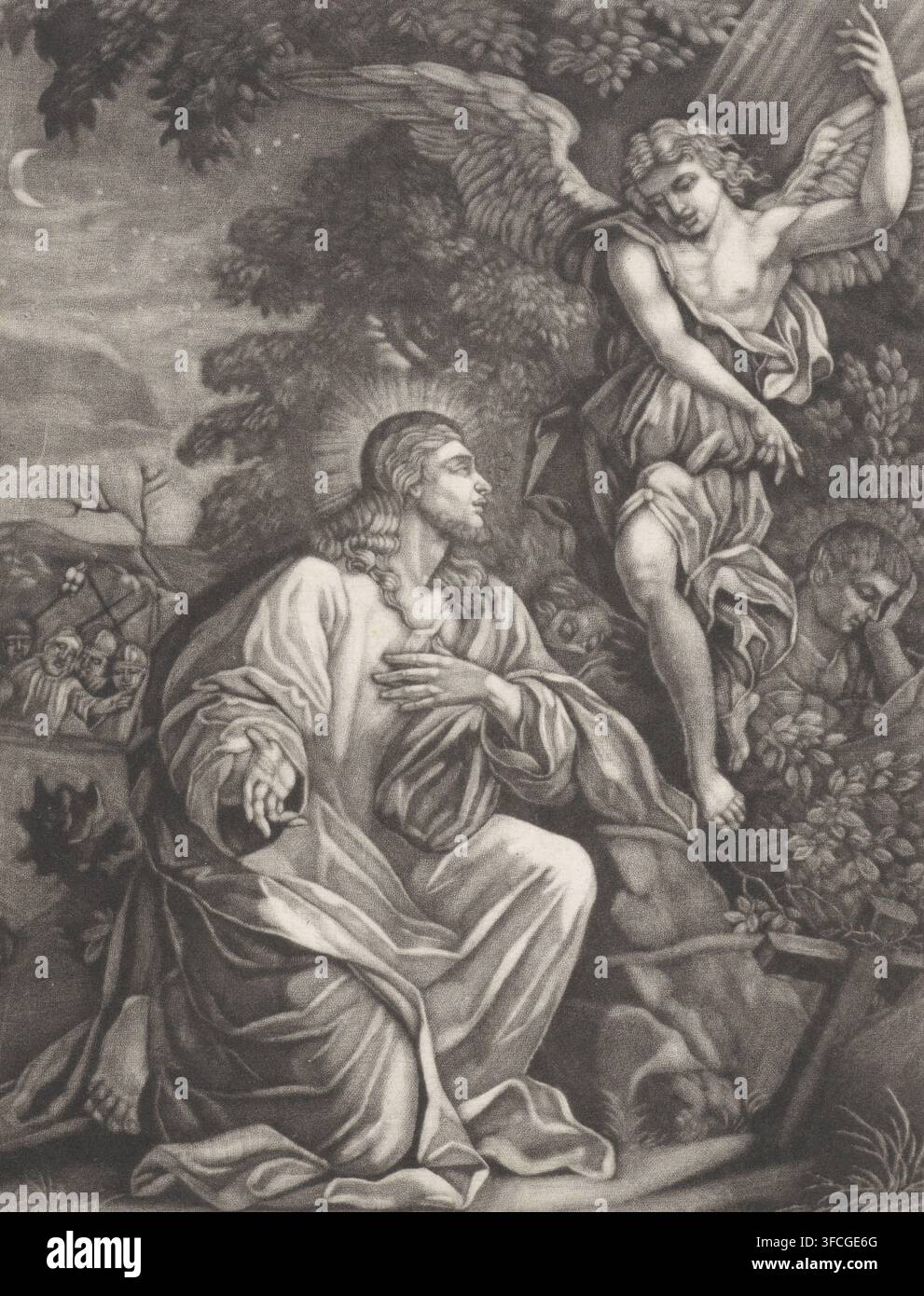 Christ au jardin de Gethsémani, estampe, Christ prie Dieu dans le jardin de Gethsémani et reçoit une vision. À l'arrière-plan, deux de ses disciples dorment., 1650 - 1800, graveur, papier, mezzotinte, hauteur 229 mm x largeur 175 mm, la prière du Christ dans le jardin de Gethsémani pendant la nuit., Une scène en niveaux de gris montre une figure assise vêtue avec de longs cheveux et une tête auréolée regardant vers le haut tandis qu'une main repose sur sa poitrine et l'autre s'étend vers l'extérieur, entourée de draperies fluides. À proximité, une figure ailée aux cheveux bouclés se penche vers la figure assise, un bras levé et l'autre drapé Banque D'Images