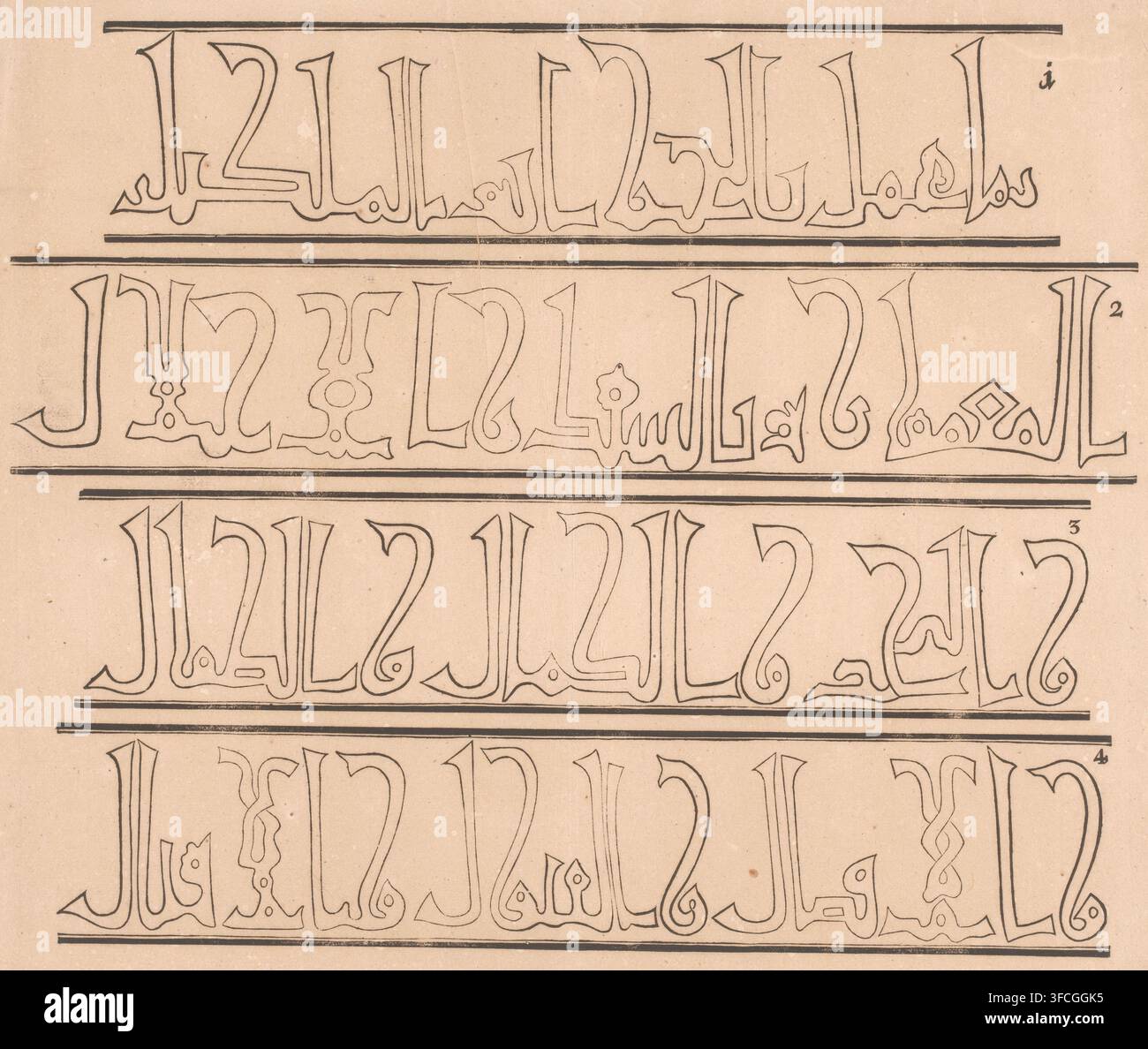 Inscriptions en caractères arabes, Copies réalisées d'après des inscriptions en caractères arabes, impression, imprimeur : Sebastian Roland, éditeur : CT de Murr, 1777, papier, gravure sur bois, hauteur 360 mm x largeur 425 mm, caractères arabes., Une feuille beige avec une série de bandes horizontales contenant des formes calligraphiques stylisées noires contournées disposées en rangées, chaque bande séparée par des lignes noires épaisses et fines ; les formes forment des traits verticaux allongés et des courbes avec des crochets ornementaux, des volutes et des terminaisons en forme de goutte, ainsi que quelques petits motifs circulaires et en forme de losange intégrés dans les dessins, avec quelques taches de papier légères Banque D'Images