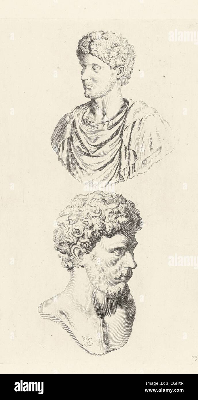 Bustes de Lucius Verus, Galleria Giustiniana del Marchese Vincenzo Giustiniani II, estampe, numéro de série, 23, 168, Deux bustes de l'empereur Lucius Aelius Verus. Sur la buste inférieure, les armoiries de Vincenzo Giustiniani. Estampe tirée d'une publication contenant des reproductions d'après les sculptures de la collection de la Galleria Giustiniani à Rome., numéro : '23', graveur : Theodor Matham, 1640, papier, gravure, gravure et plume en brun, hauteur 371 mm x largeur 238 mm, personne, Vincenzo Giustiniani (1564-1637), Lucius Aelius Verus, pièce de sculpture, reproduction d'une pièce de sculpture., L'image Banque D'Images