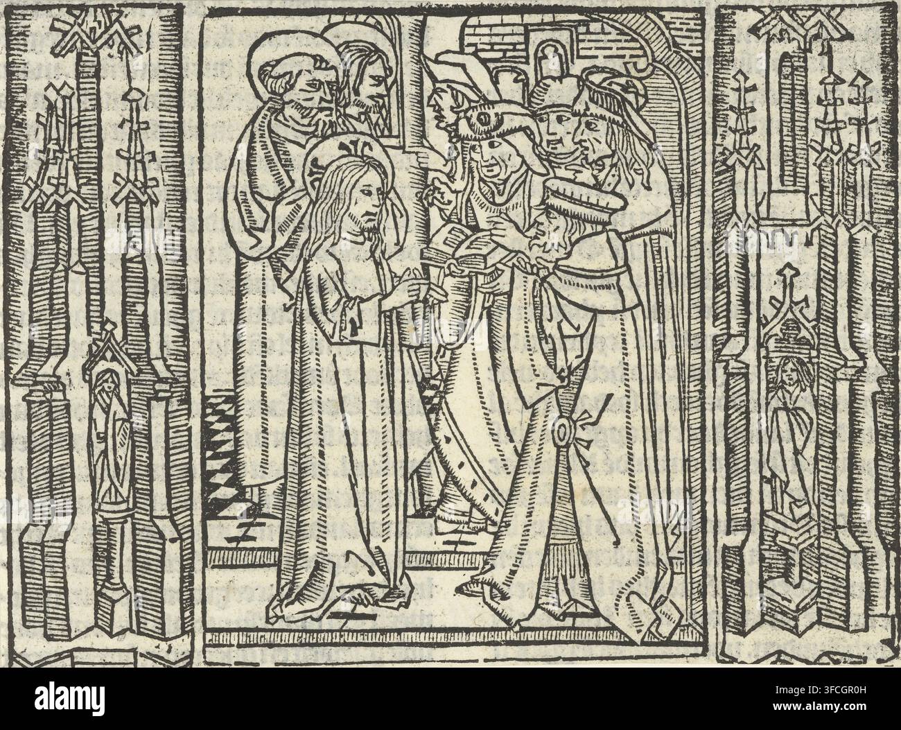 Christ en conversation avec les Pharisiens dans le temple, estampe, illustration de livre, imprimé à partir de trois blocs. Christ, Pierre et un troisième disciple font face à cinq scribes dans le temple. À gauche et à droite de la représentation, ornementation architecturale., inconnu : attribué au Maître de Delft, Pays-Bas, inconnu : attribué au Meester van de Delbecq-Schreiber-Passie, inconnu : attribué au Maître de la Virgo inter Virgines, 1480 - 1500, 1503, Attribué, Maître de la Delbecq-Schreiber-Passion, papier, gravure sur bois, hauteur 105 mm x largeur 142 mm, Pharisiens et Sadducéens s’opposant à Christ., Un noir et blanc Banque D'Images