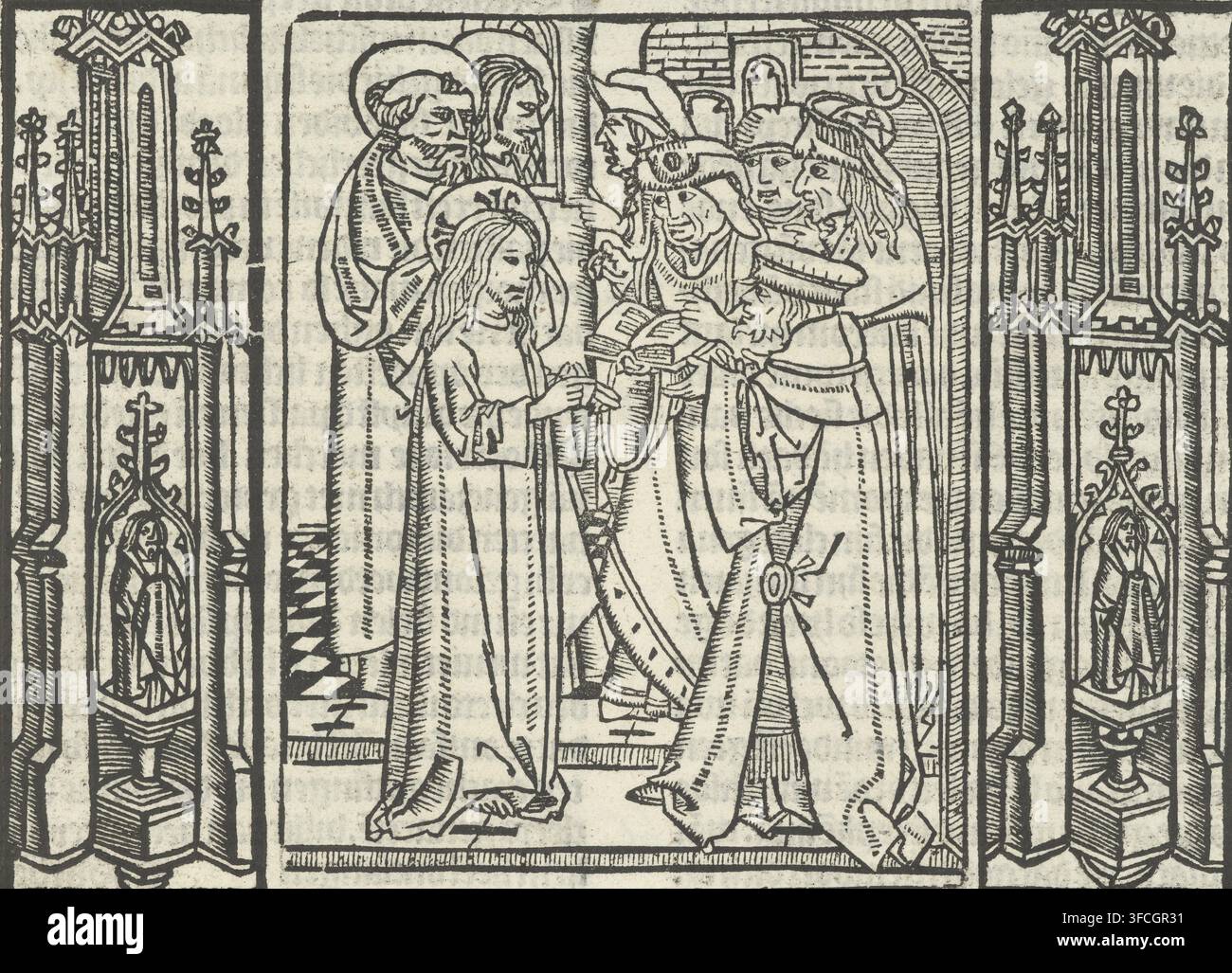 Christ en conversation avec les Pharisiens dans le temple, estampe, illustration de livre, imprimé à partir de trois blocs. Christ, Pierre et un troisième disciple font face à cinq scribes dans le temple. À gauche et à droite de la représentation, ornementation architecturale., inconnu : attribué au Maître de Delft, Pays-Bas, inconnu : attribué au Meester van de Delbecq-Schreiber-Passie, inconnu : attribué au Maître de la Virgo inter Virgines, 1480 - 1500, 1503, Attribué, Maître de la Delbecq-Schreiber-Passion, papier, gravure sur bois, hauteur 107 mm x largeur 148 mm, Pharisiens et Sadducéens s’opposant au Christ., Une scène gravée sur bois Banque D'Images