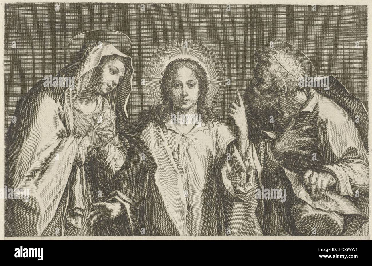 Christ entre ses parents, gravure, Christ enfant entre ses parents., graveur : Johann Sadeler (I), inconnu, d'après une peinture de Peter de Witte, 1560 - 1600, papier, gravure, gravure, épreuve, hauteur 132 mm x largeur 195 mm, Sainte Famille (seule), 'Trinitas terrestris'., Une scène gravée détaillée en noir et blanc montre trois personnages vêtus positionnés proches les uns des autres. La figure centrale fait face vers l'avant avec de longs cheveux bouclés et une lueur halo-like rayonnante derrière la tête, portant un vêtement ample avec des plis visibles et une agrafe au col. À gauche, une figure encapuchonnée se penche vers l'intérieur avec les mains Banque D'Images