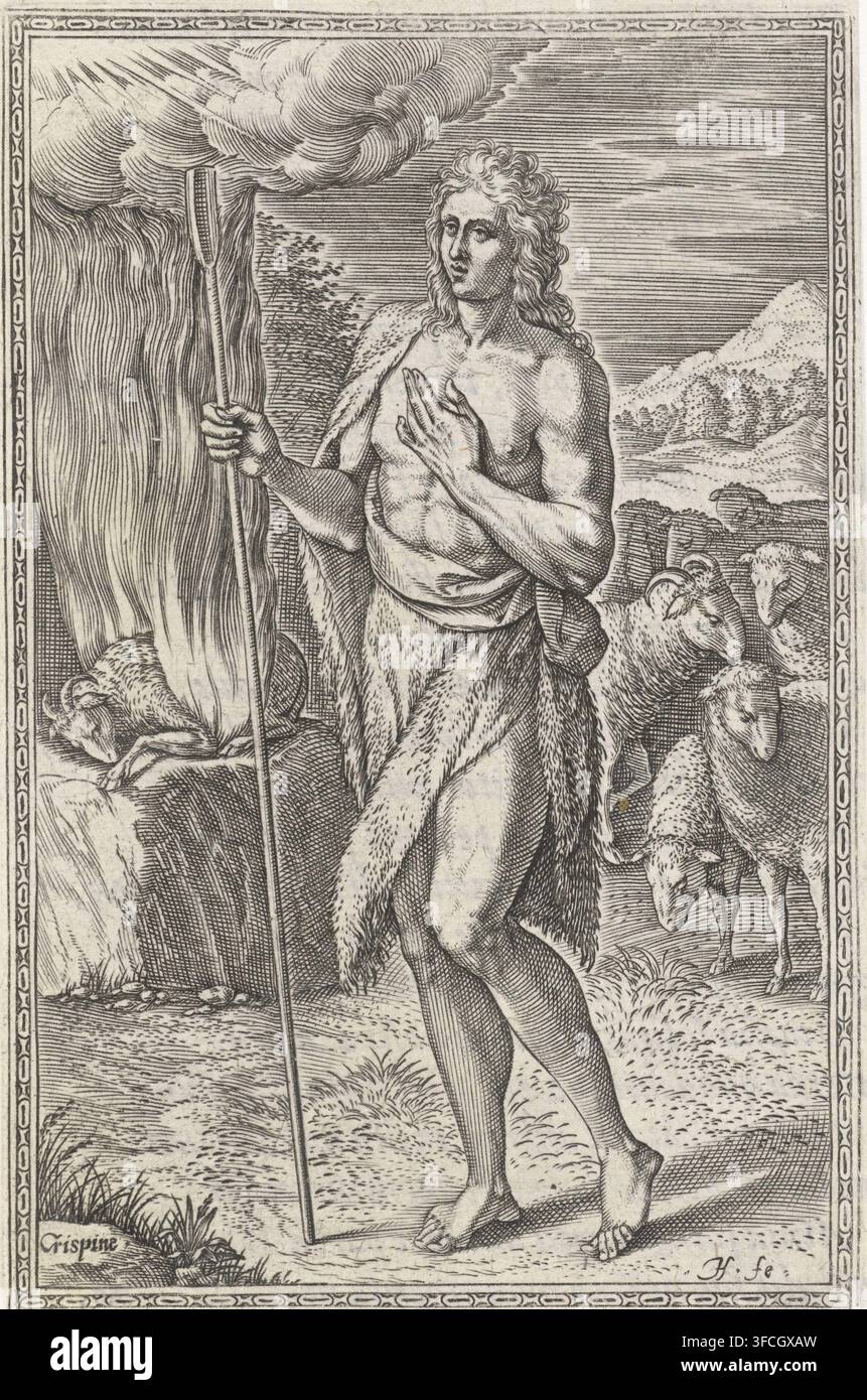 Abel, estampe, illustration de livre, Abel avec un bâton de berger dans la main. Derrière lui, un agneau sur un autel de sacrifice en flammes., graveur : Johann Sadeler (I), Anvers, d'après un dessin de Chrispijn van den Broeck, éditeur : Christoffel Plantijn, 1577, Johann Sadeler (I), Chrispijn van den Broeck, Christoffel Plantijn, graveur, d'après un dessin de, éditeur, papier, gravure, impression typographique, gravure et impression de livres, hauteur 120 mm x largeur 76 mm, Abel (non dans un contexte biblique), attributs possibles : mouton, Abel en offrande (seul)., Une scène gravée montre une figure pieds nus debout en plein air Banque D'Images
