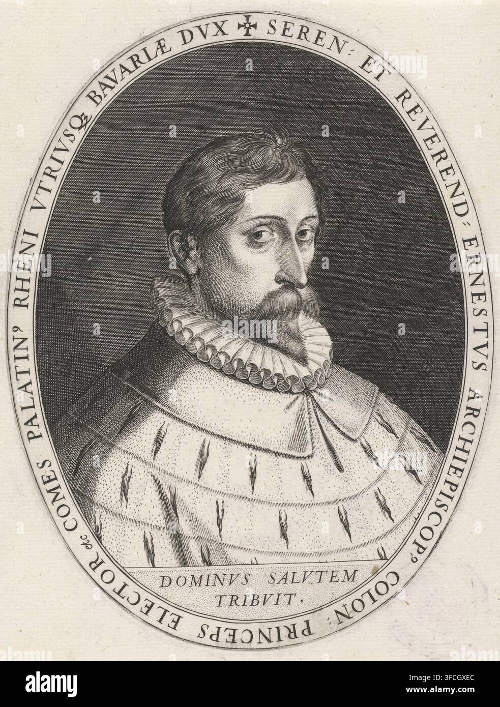 Portrait d'Ernst de Bavière, archevêque de Cologne, gravure, Ernst de Bavière, archevêque et électeur de Cologne. L'archevêque est vêtu d'une mozette en hermine., graveur : Johann Sadeler (I), inconnu, 1583 - 1600, papier, gravure, gravure, hauteur 154 mm x largeur 118 mm, (catholique romain), vêtements professionnels., Un portrait ovale en noir et blanc gravé d'un homme montré de la poitrine vers le haut, avec des cheveux courts et ondulés, une moustache et une barbe taillées, et un col haut à volants ; il porte un vêtement richement motifé avec des marques semblables à de la fourrure et des plis superposés, et le portrait est placé sur un fond densément hachuré Banque D'Images