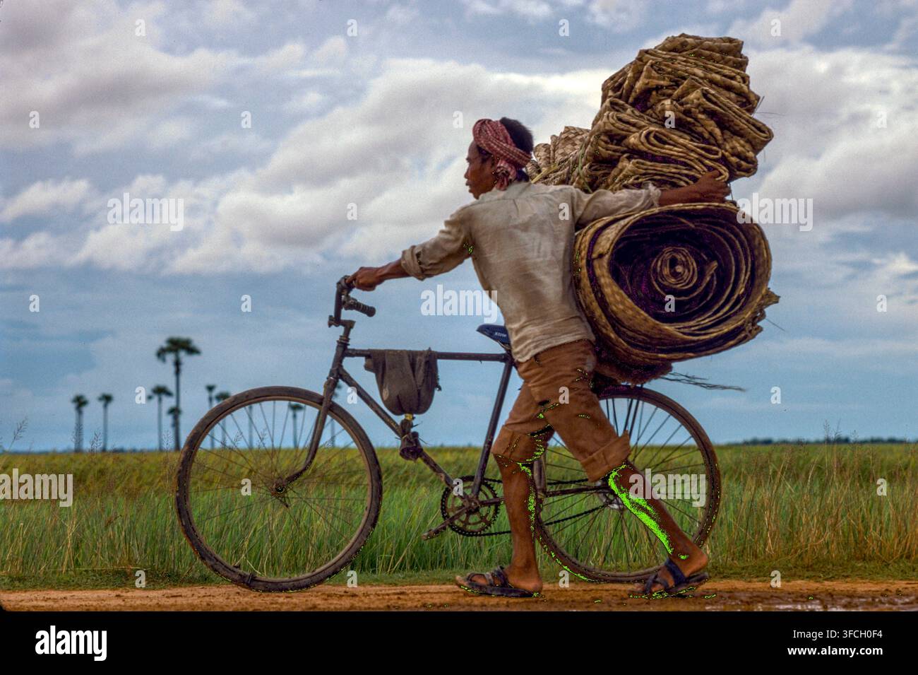 Province de Prey Veng, Cambodge : Un jeune homme transportant une charge complète de nattes tissées sur son vélo sur les routes entre les rizières. 1er septembre 1988 Banque D'Images