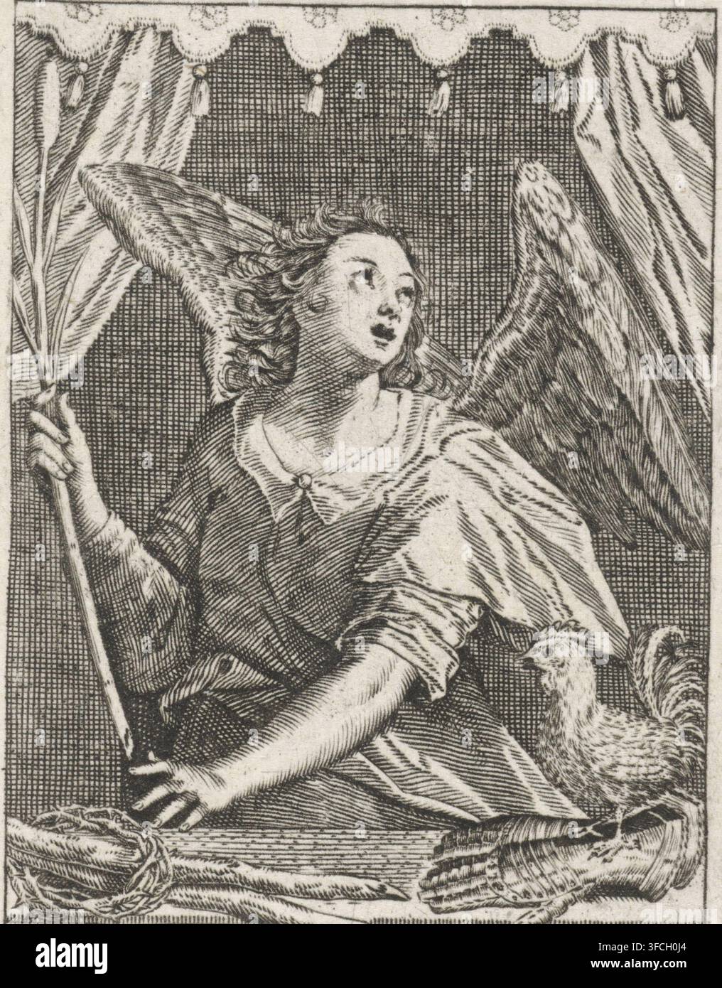 Ange avec la roseau, le coq et la couronne d'épines, estampe, graveur : Johann Sadeler (I), d'après une estampe d'Aegidius Sadeler (II), 1580 - 1600, Aegidius Sadeler (II), d'après une estampe par, papier, gravure, hauteur 68 mm x largeur 53 mm, instruments uniques de la Passion., Une image gravée en noir et blanc d'une figure ailée assise sous un baldaquin festonné avec des pampilles, tenant un long bâton dans une main et une palme dans l'autre, portant une robe fluide avec des manches superposées et une petite boucle ronde au col, avec des cheveux bouclés et un regard tourné vers le haut, la bouche ouverte ; un oiseau aux plumes détaillées Banque D'Images