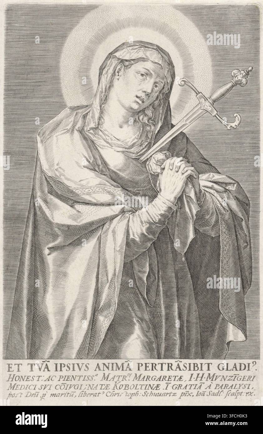 Mater Dolorosa, estampe, Marie des Sept Douleurs (Mater Dolorosa), pleurant avec une épée traversant la poitrine., graveur : Johann Sadeler (I), Munich, d'après une peinture de Christoph Schwarz, dédié à : Margaretha Munzinger, 1588 - 1595, Bavière, papier, gravure, estampe, hauteur 193 mm x largeur 123 mm, 'Mater Dolorosa'. Une image gravée monochrome d'une femme vêtue montrée de la taille vers le haut, tête inclinée et yeux légèrement levés, portant un foulard et des vêtements fluides superposés avec des plis et des drapés détaillés ; un halo de lignes rayonnantes entoure sa tête ; elle tient une longue épée ornée en diagonale Banque D'Images