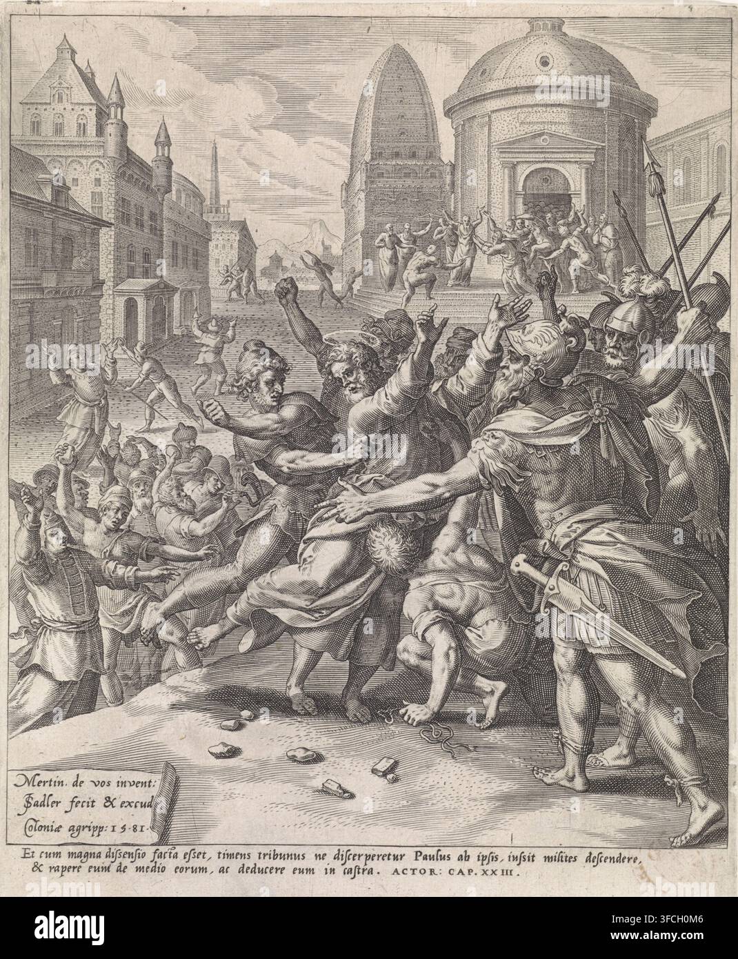 Paul est attaqué par les Juifs, Scènes de la vie de l'apôtre Paul, gravure, À Jérusalem, Paul est attaqué par les Juifs et lapidé. Des soldats viennent le protéger. À l'arrière-plan, Paul s'adresse au peuple juif devant le temple. Avec une légende latine contenant un passage biblique des Actes des Apôtres (Actes 23). La deuxième gravure d'une série en quatre parties., graveur : Johann Sadeler (I), Cologne, d'après un dessin de Maerten de Vos, 1581, Rhénanie-du-Nord-Westphalie, papier, gravure, hauteur 254 mm x largeur 209 mm, Paul parle aux gens depuis les marches, Paul est traîné dehors Banque D'Images