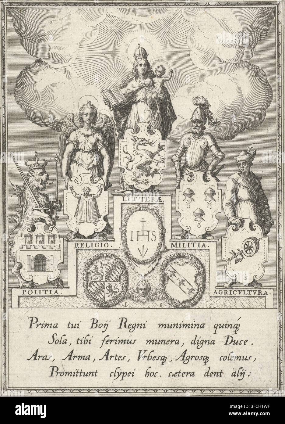 Politeia, Religio, Litterae, Militia, Agricvltvra, Politique, religion, littérature, guerre et agriculture, impression, Sur un escalier les personnifications de la politique, de la guerre et de l'agriculture. À gauche Politique (Politia) sous la forme d'un lion couronné avec des armoiries, à côté Religion (Religio), un ange avec des armoiries représentant un prêtre. À droite Agriculture (Agricultura), un fermier avec des armoiries représentant une charrue, à côté Guerre (Militia), un soldat en armure avec les armoiries de la Bavière. Au milieu, sur la marche la plus haute, la Vierge Marie couronnée avec l'Enfant et le livre. Les escaliers Banque D'Images
