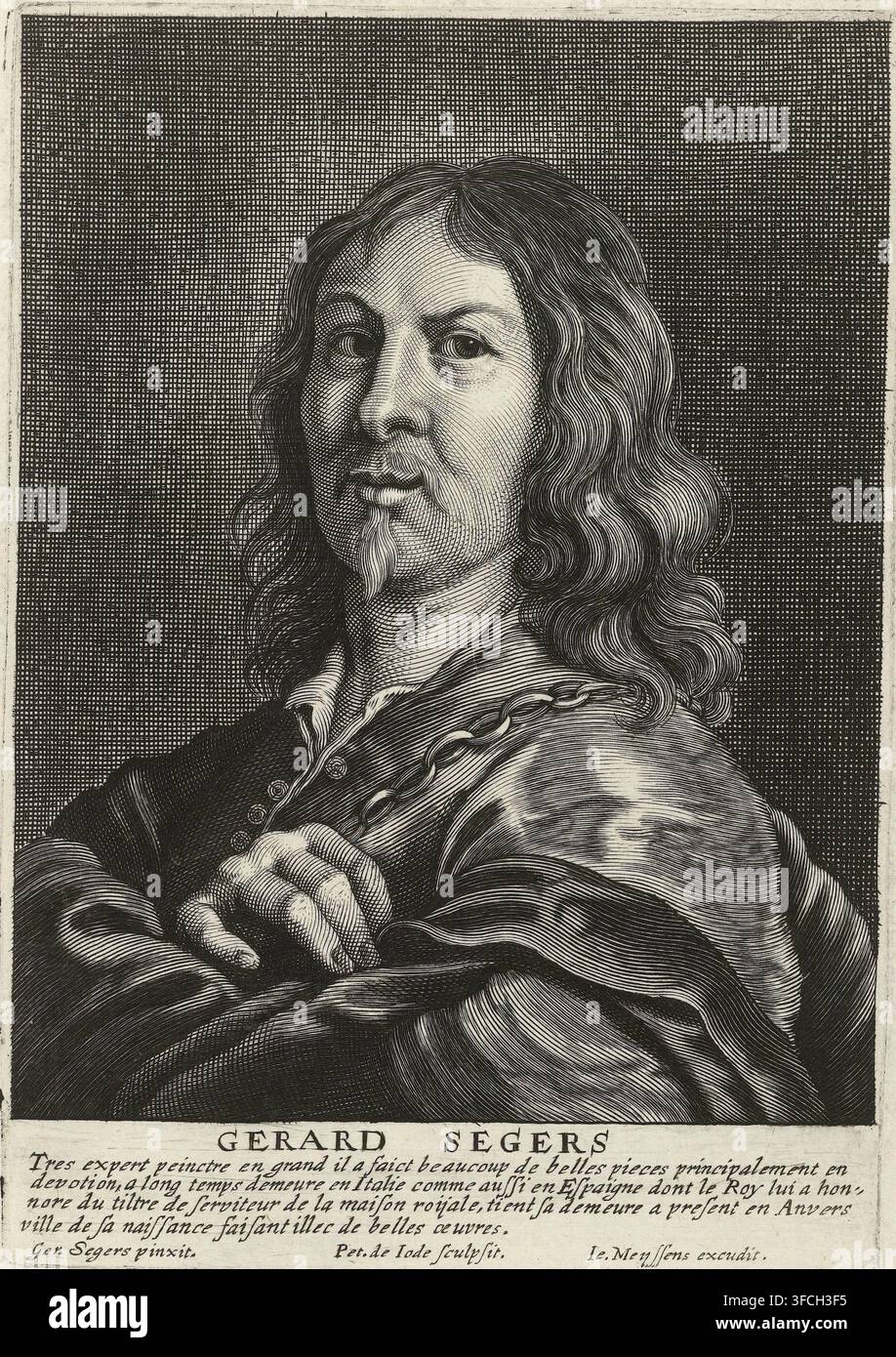 Portrait de Gerard Seghers, impression, Portrait en buste de Gerard Seghers. Il porte une chaîne autour du cou et a les bras croisés. Dans la marge, le nom du modèle et une légende de quatre lignes en français., graveur : Pieter de Jode (II), Anvers, d'après une peinture de Gerard Seghers, éditeur : Joannes Meyssens, 1628 - 1670, papier, gravure, eau-forte, gravure et eau-forte, hauteur 163 mm x largeur 113 mm, Person, collier (+ vêtements d'homme)., Un portrait gravé monochrome d'un homme montré de la poitrine vers le haut, légèrement tourné sur le côté avec les bras croisés visibles devant lui. Il a de longs cheveux ondulés qui Banque D'Images
