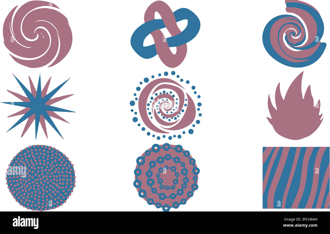 Formes géométriques et tourbillons colorés abstraits, représentant des motifs organiques et des designs énergiques pour des arrière-plans. Illustration de Vecteur