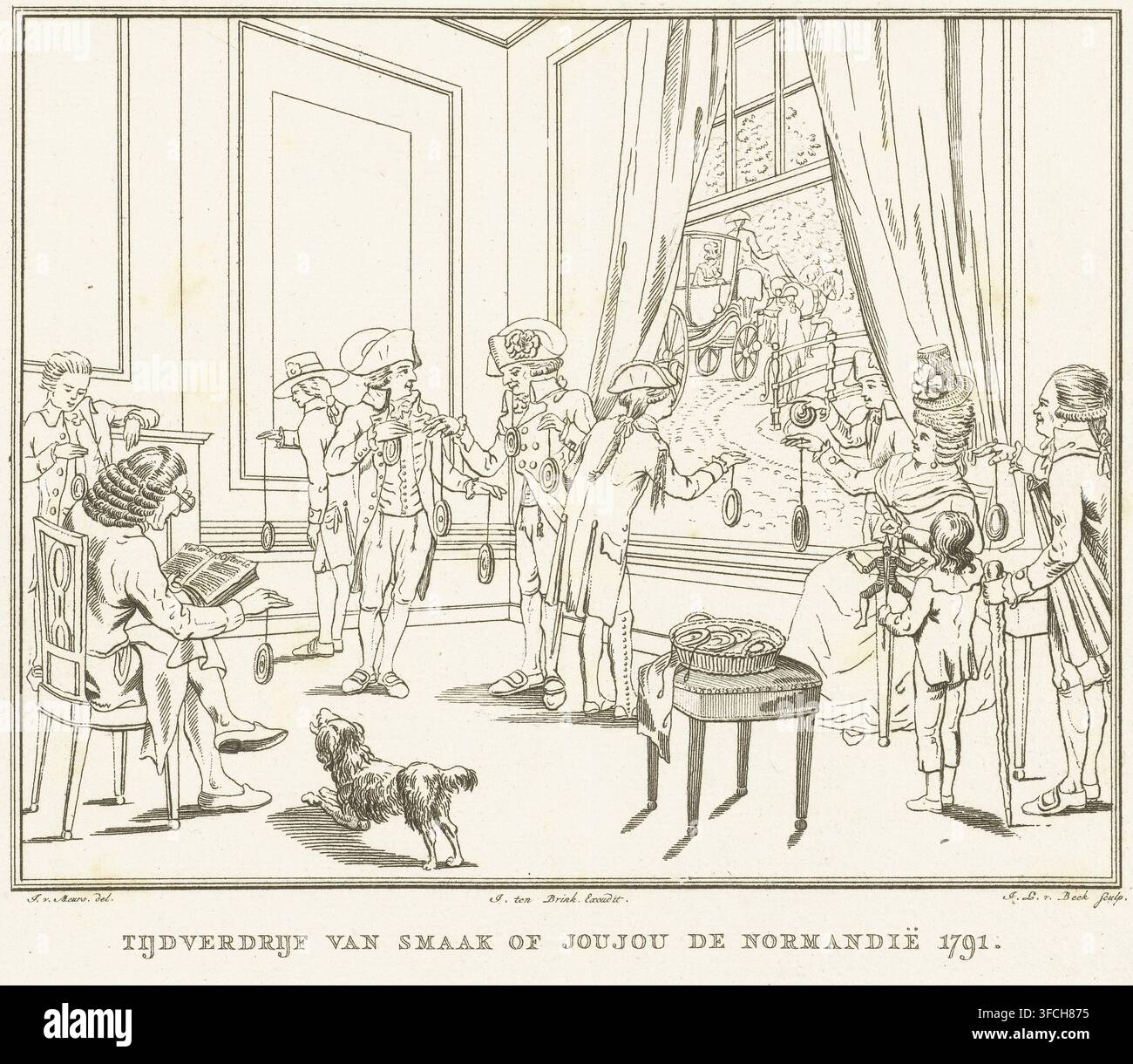 Passetemps du goût ou yo-yo de Normandie 1791, Intérieur avec des hommes et des femmes passant le temps avec des yo-yos, gravure, Intérieur avec des hommes et des femmes de la noblesse passant le temps avec des yo-yos. Un enfant joue avec une marionnette à ficelle., graveur : Jan Lucas van der Beek, d'après un dessin de Jacobus van Meurs, éditeur : J. ten Brink, 1791, papier, eau-forte, hauteur 217 mm x largeur 257 mm, yo-yo, (jouant avec) jouets mobiles. Un dessin au trait d'une scène intérieure montrant un groupe de personnes rassemblées près d'une grande fenêtre ouverte avec des rideaux drapés à travers lesquels une voiture et des chevaux sont visibles à l'extérieur ; plusieurs hommes en Banque D'Images