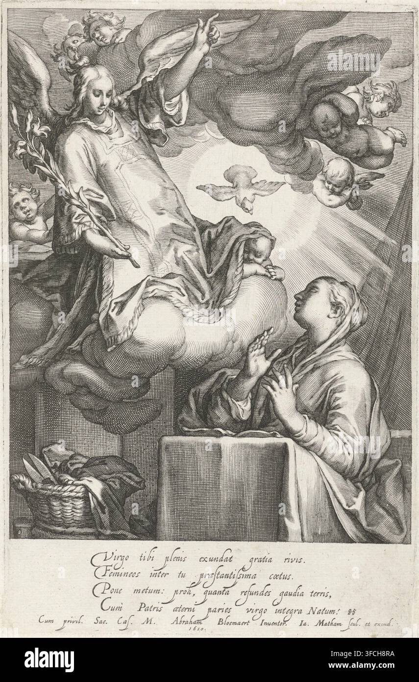 Annonciation, gravure, graveur : Jacob Matham, Haarlem, d'après un dessin d'Abraham Bloemaert, écrivain (employé de bureau) : Simon Sovius, 1610, écrivain (employé de bureau), papier, gravure à l'eau-forte, hauteur 230 mm x largeur 150 mm, l'Annonciation : Marie, habituellement en train de lire, est visitée par l'ange (parfois une femme entend la conversation). Une gravure détaillée en noir et blanc montre un ange vêtu planant sur un nuage, tenant une longue tige avec des fleurs et entouré de plusieurs figures chérubiques dans les nuages. Des rayons de lumière et une colombe sont visibles près de l'ange, et les robes flottantes et les grandes ailes de l'ange sont Banque D'Images