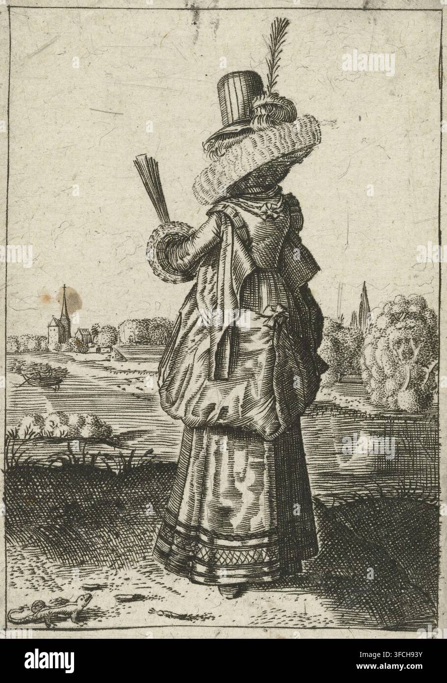 Dame élégante près d'une lézard, Costume traditionnel des nobles néerlandaises, impression de costume, Numéro de série, 2, 6, Dame, debout dans un paysage, vue de biais par derrière, tournée vers la gauche, vêtue selon la mode de ca. 1620. Elle porte une robe avec des épaulettes et un grand col à volants sur un portefraes. La jupe est retroussée. Les manches sont finies avec des poignets évasés vers l'extérieur. Sur sa tête, un chapeau à haute couronne et plume, un éventail dense semi-circulaire dans sa main. Vue sur la rivière et le village en arrière-plan. Un lézard dans le coin inférieur gauche. Graveur : Jacob Matham, d'après une gravure d'Adriaen Matham ( Banque D'Images