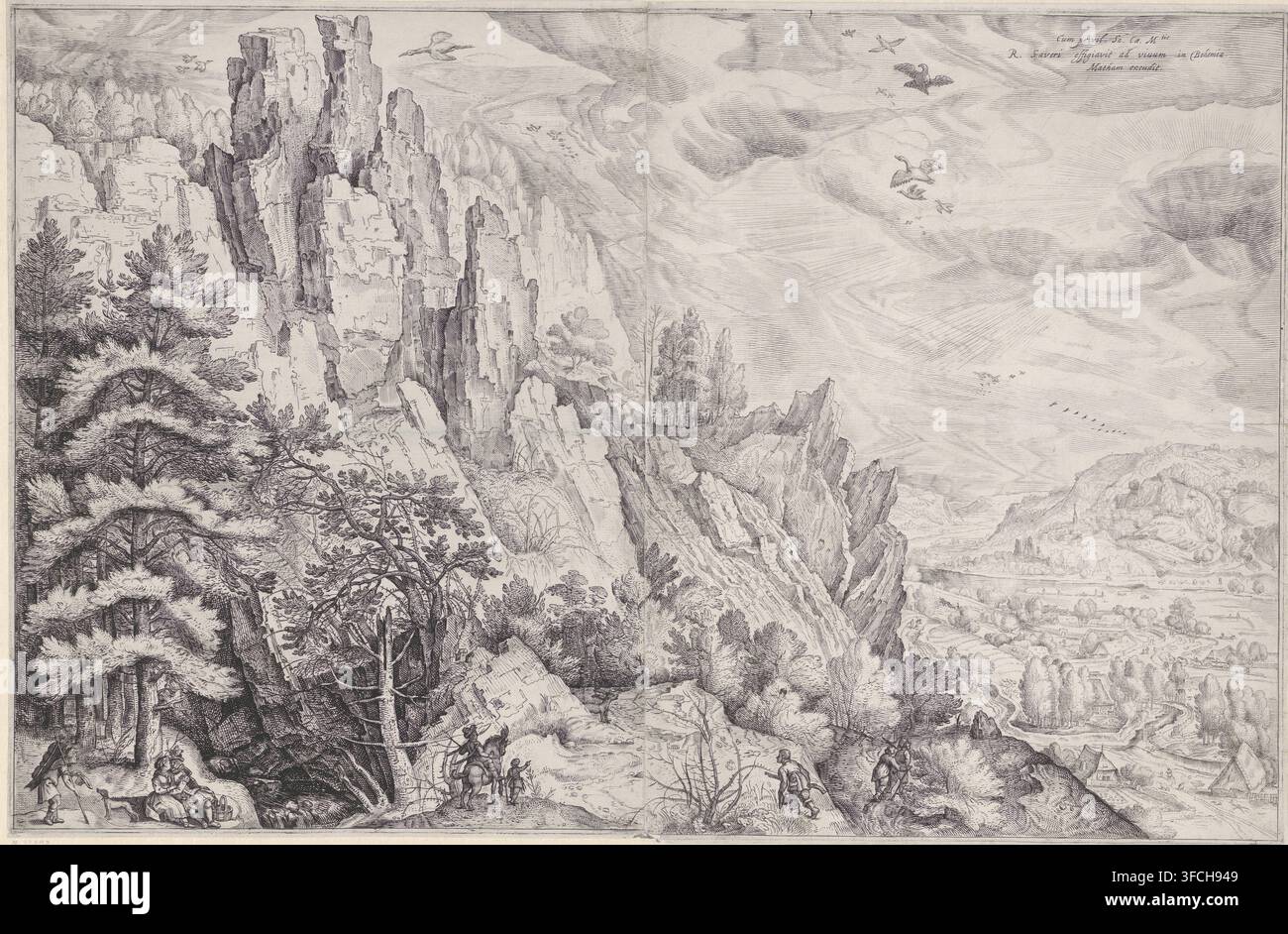 Paysage montagneux avec un couple amoureux et un chasseur, estampe, graveur : attribué à Jacob Matham, d'après un dessin de Roelant Savery, Bohême, Haarlem, concédant de privilège : Rudolf II de Habsbourg (empereur germanique), c. 1606, concédant de privilège, attribué à, papier, gravure, hauteur 493 mm x largeur 760 mm, montagnes. Un paysage gravé étendu montrant des falaises rocheuses abruptes s'élevant à gauche avec des parois rocheuses verticales texturées et des arbres épars accrochés à des rebords, un groupe de grands pins et d'autres arbres au premier plan à gauche avec un feuillage stratifié, et des buissons épars et des branches noueuses plus proches Banque D'Images
