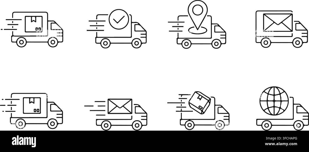 Camion de livraison et fourgon de fret avec boîte de colis, ensemble d'illustrations d'icônes vectorielles de logistique de transport. Illustration de Vecteur