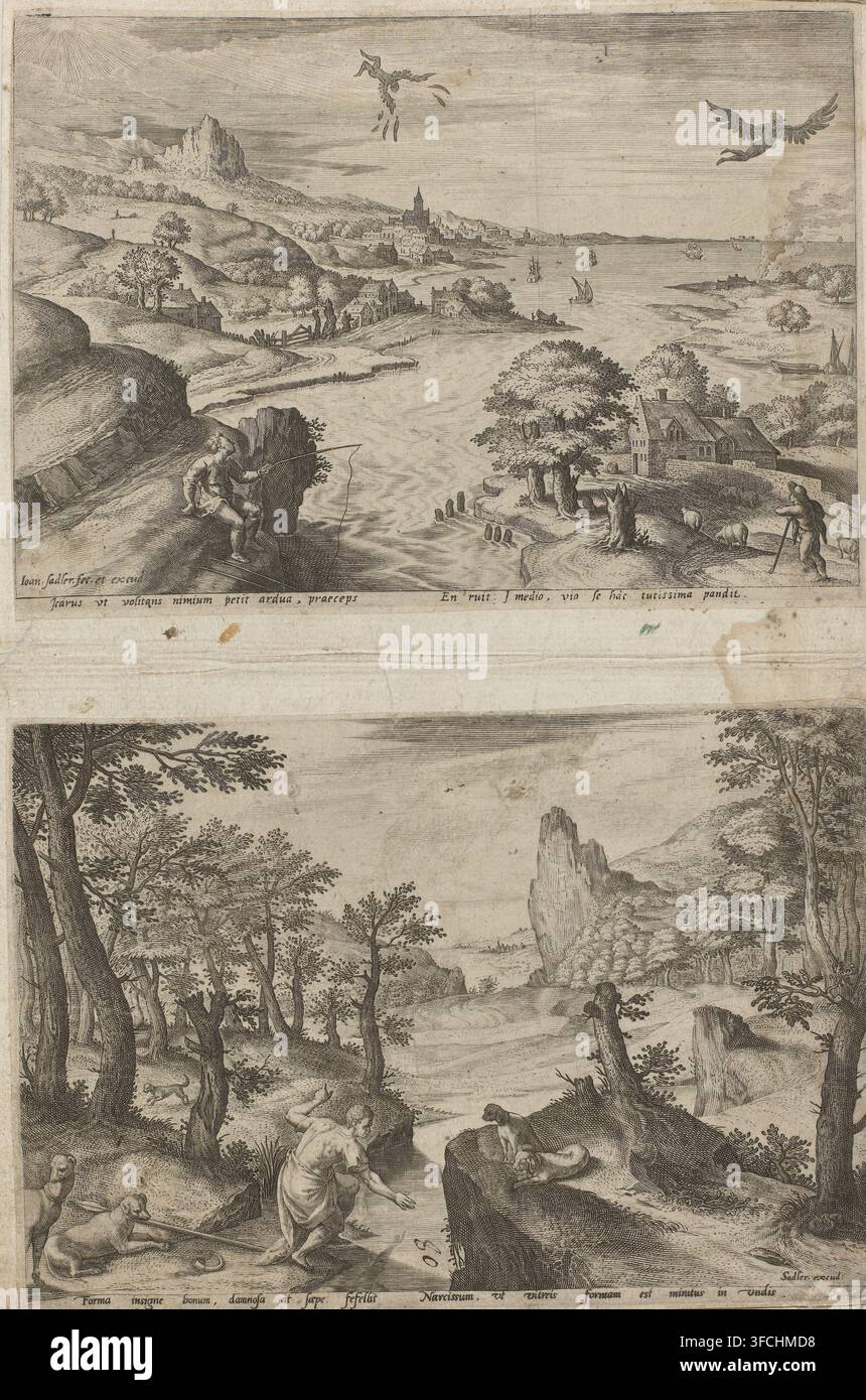 Paysage avec Icare tombant, estampe, page d'album, graveur : Johann Sadeler (I), Pays-Bas du Sud, Anvers (possiblement), vers 1570, papier, gravure, hauteur 140 mm x largeur 199 mm, la chute d'Icare, sans Dédale., Une estampe verticale divisée en deux scènes, la scène supérieure montrant une rivière ou une large entrée avec des bateaux et une ville lointaine sur la rive opposée, des collines ondulées et des maisons dispersées le long de la rive proche, des arbres et un groupe de bâtiments au bord de l'eau, une figure assise sur un rebord rocheux au premier plan tenant une ligne de pêche, une autre figure debout avec un bâton près de moutons en train de brouter, au loin Banque D'Images