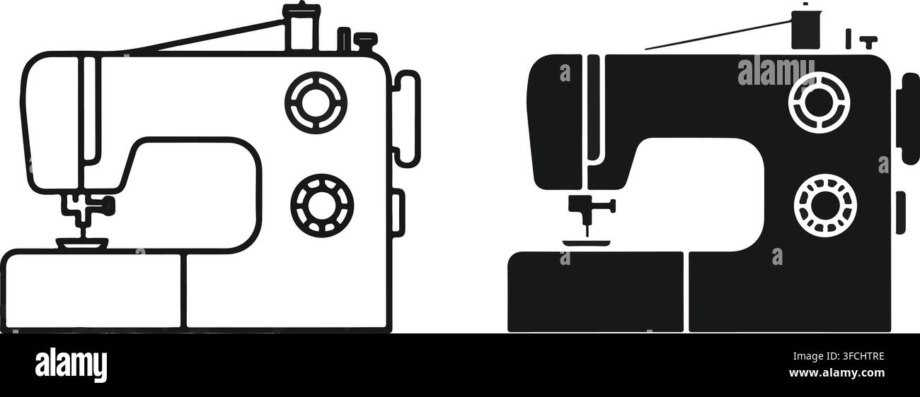 Icône vectorielle de machine à coudre pour la couture et le travail à l'aiguille en contours et remplissage noir solide isolé sur fond transparent. Illustration de Vecteur
