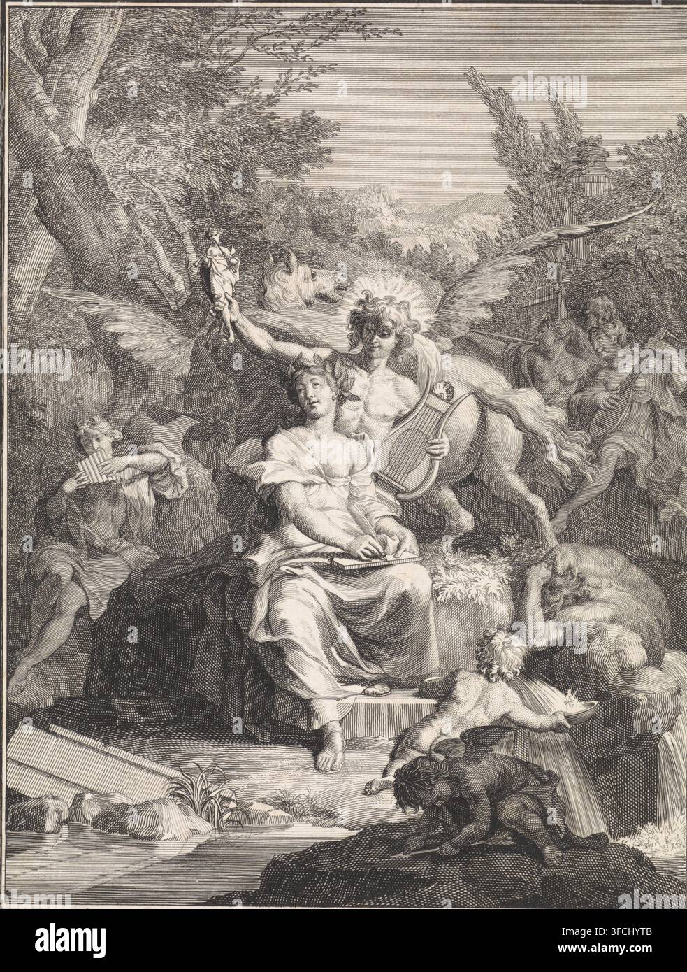 Poésie et Apollon sur le Parnasse, gravure, la Poésie écrit sur une tablette, Apollon se tient derrière elle, une lyre et une statuette à la main. Pégase, symbole du génie poétique, court derrière eux. À leurs pieds coule la rivière Castalie, sur un rocher le long de la rive siège Amour. À l'arrière-plan, diverses muses musicales., graveur : Jan Wandelaar, Pays-Bas du Nord, 1702 - 1759, papier, eau-forte, gravure, hauteur 188 mm x largeur 138 mm, (histoire de) Cupidon, Amour (Éros), représentations symboliques, allégories et emblèmes, poésie, 'Poesia' (Ripa), Pégase, le cheval ailé, (histoire d') Apollon (Phébus), Parnasse, sacré à Banque D'Images