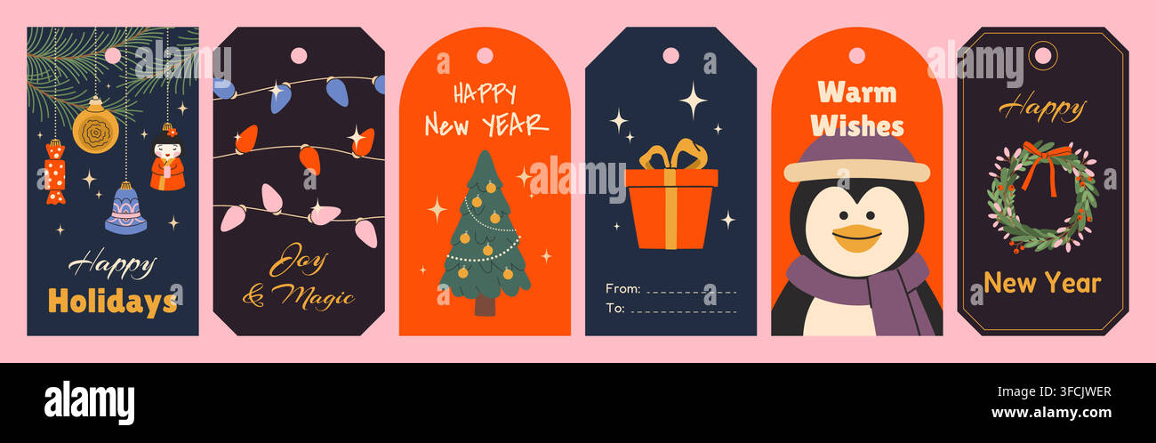 Joli ensemble d'étiquettes cadeaux de Noël avec illustrations vintage de vacances. Boîte cadeau, couronne, guirlande, sapin, ornements et boules. Étiquettes cadeaux d'hiver à imprimer Illustration de Vecteur